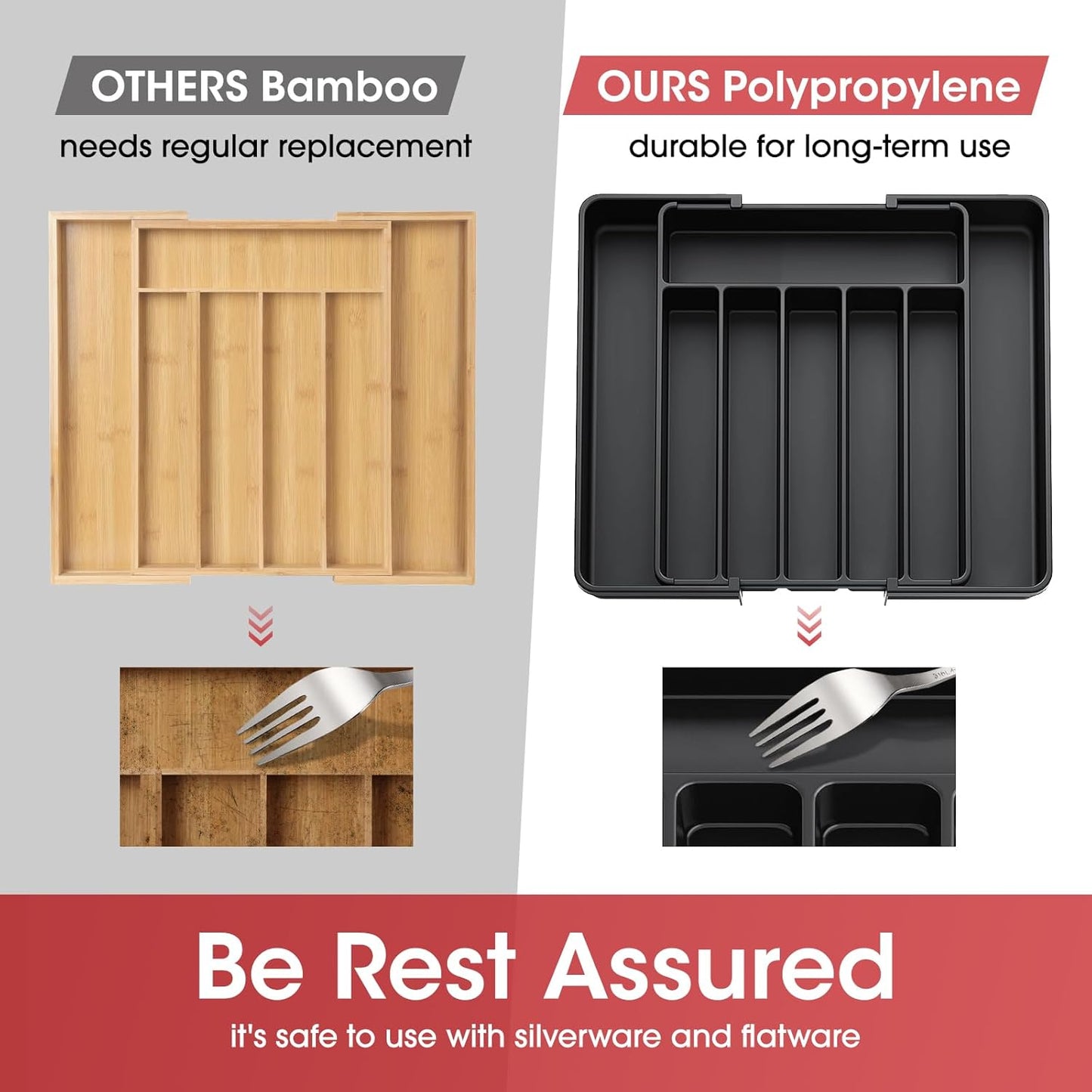 Aujen Silverware Organizer - Expandable Kitchen Drawer Organizer, Adjustable Utensil Organizer, Cutlery Tray for Forks, Knives, Multipurpose Kitchen Organizers and Storage Solution, Black, Large