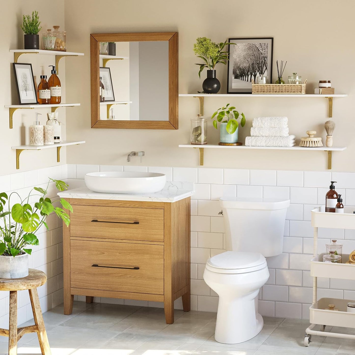 DINZI LVJ Long Wall Shelves, 39.4" Wall Mounted Shelves Set of 4, Large Floating Shelves for Wall with Metal Brackets, for Living Room, Bathroom, Bedroom, Kitchen, White and Gold