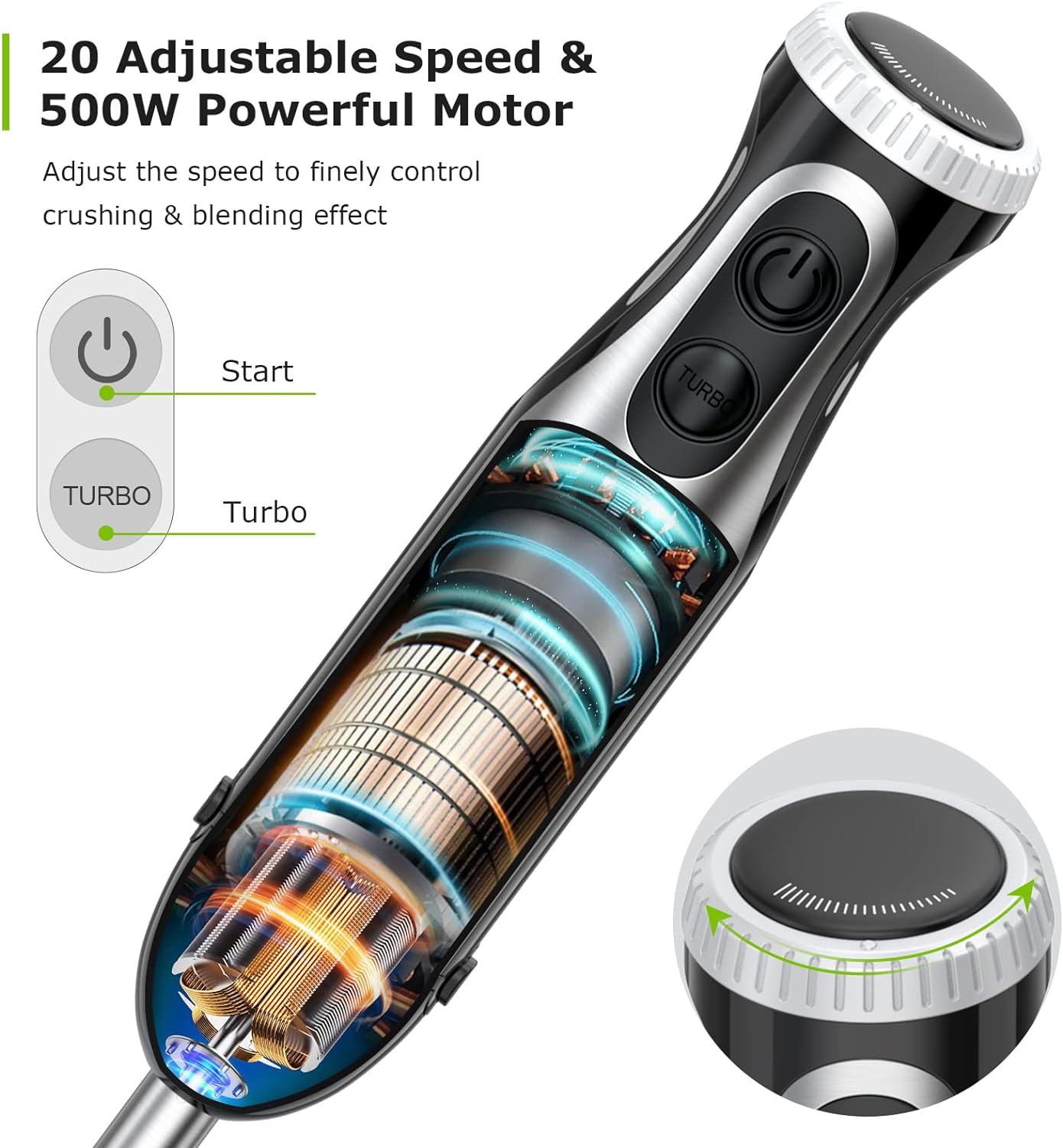 Bonsenkitchen 4-in-1 Immersion Blender Handheld, 20 Speeds Hand Blender with Turbo Mode, Stainless Steel Blade, Egg Whisk, Beaker & Chopper Bowl, Stick Mixer for Soup, Smoothie, Puree, Baby Food