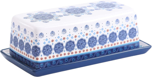 Bico Blue Talavera Ceramic Butter Dish with Lid, Wide Butter Keeper for Counter, Kitchen Countertop, Microwave and Dishwasher Safe