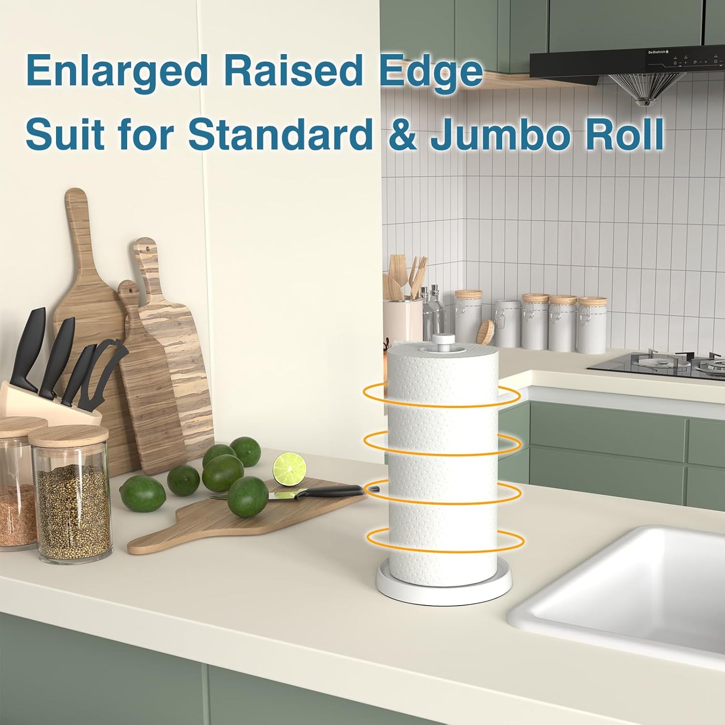 White Paper Towel Holder Countertop, White Kitchen Accessories Decor, Stainless Steel, Weighted Base, Paper Towel Roll Holder Stand with Ratchet Mechanism for Kitchen Bathroom Farmhouse Essentials