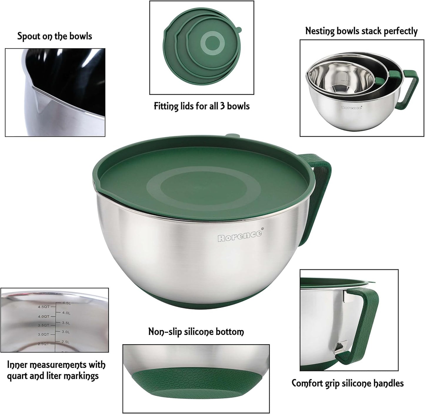 Rorence Mixing Bowls Set: Stainless Steel Non-Slip Bowls with Pour Spout, Handle and Lid - Set of 3 - Green