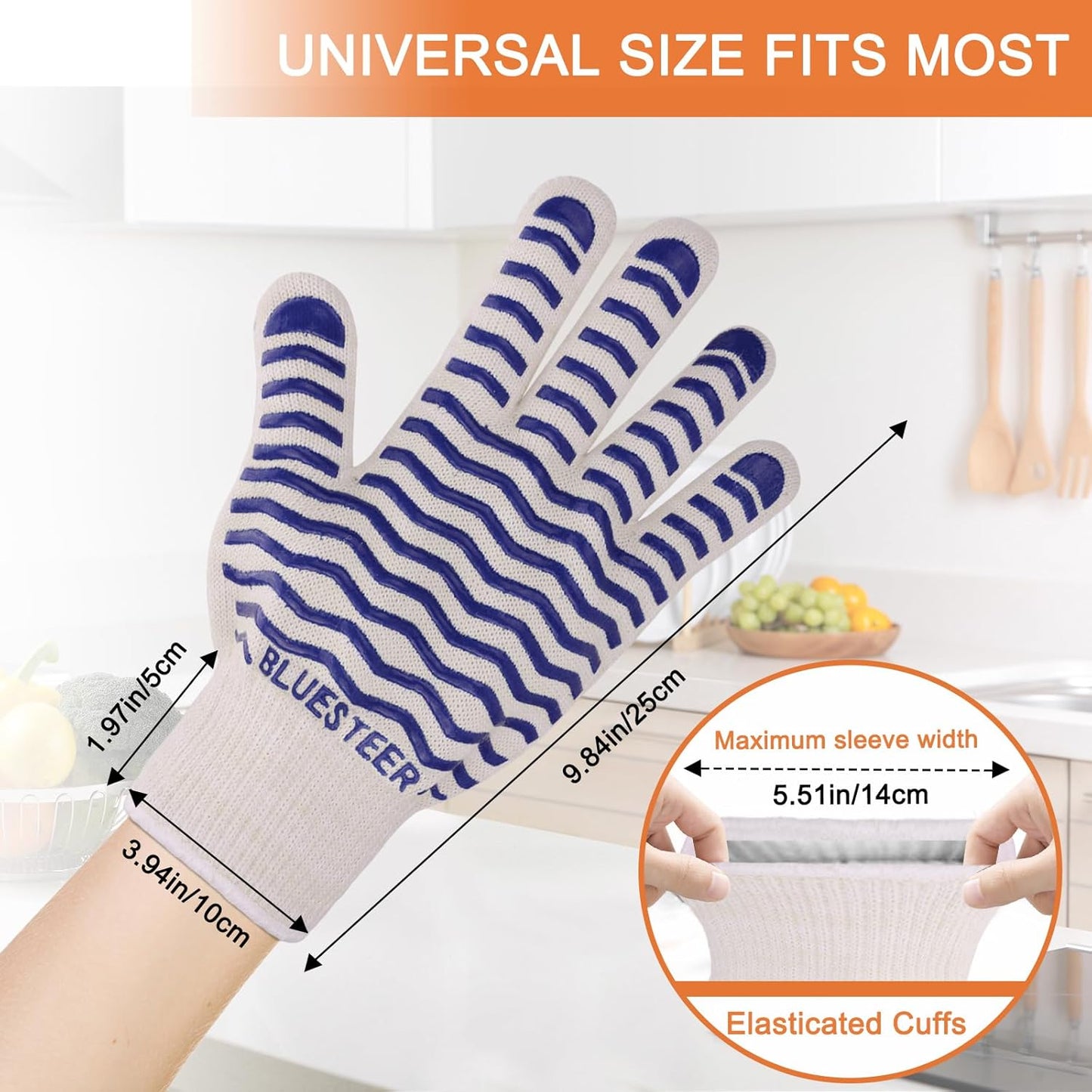 Oven Gloves 932°F Heat Resistant Oven Mitts with Fingers, Heat Proof BBQ Grill Gloves Silicone Grip Fireproof Gloves for Kitchen Cooking Grilling Baking