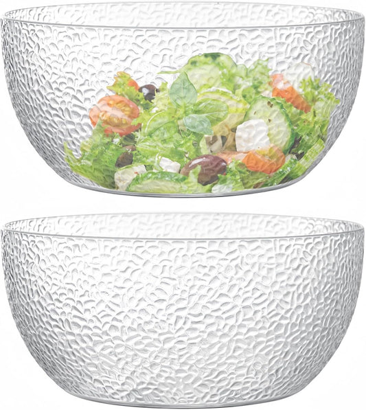 Qxbekmor 130 oz Acrylic Salad Bowls, 9.5" Serving Bowls for Fruits, Popcorn, Chips, Dips, Condiments, Break-Resistant Set of 2, Clear Circular