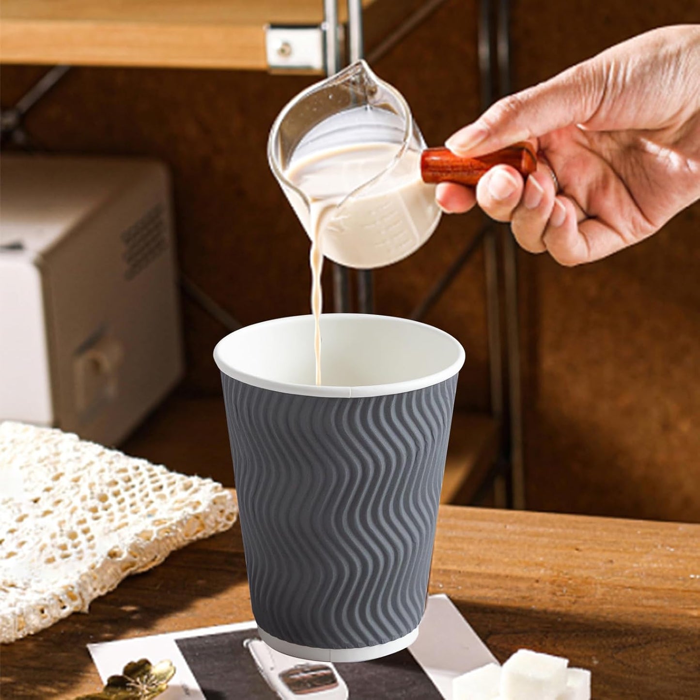 Coffee Cups 12 oz 120 Pack, Corrugated Insulated Ripple Wall Disposable Paper Coffee Cups 12oz, To Go for Hot Beverage or Cold Drinks Office/Home/Cafe/Party/Travel (Gray)