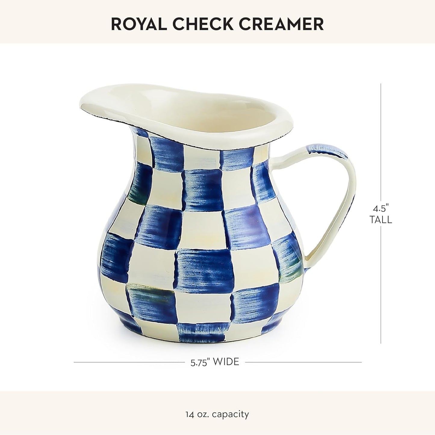 MACKENZIE-CHILDS Enamel Creamer, Creamer Dispenser with Pour Spout, Kitchen Enamelware, 14-Ounce Capacity, Blue-and-White Royal Check