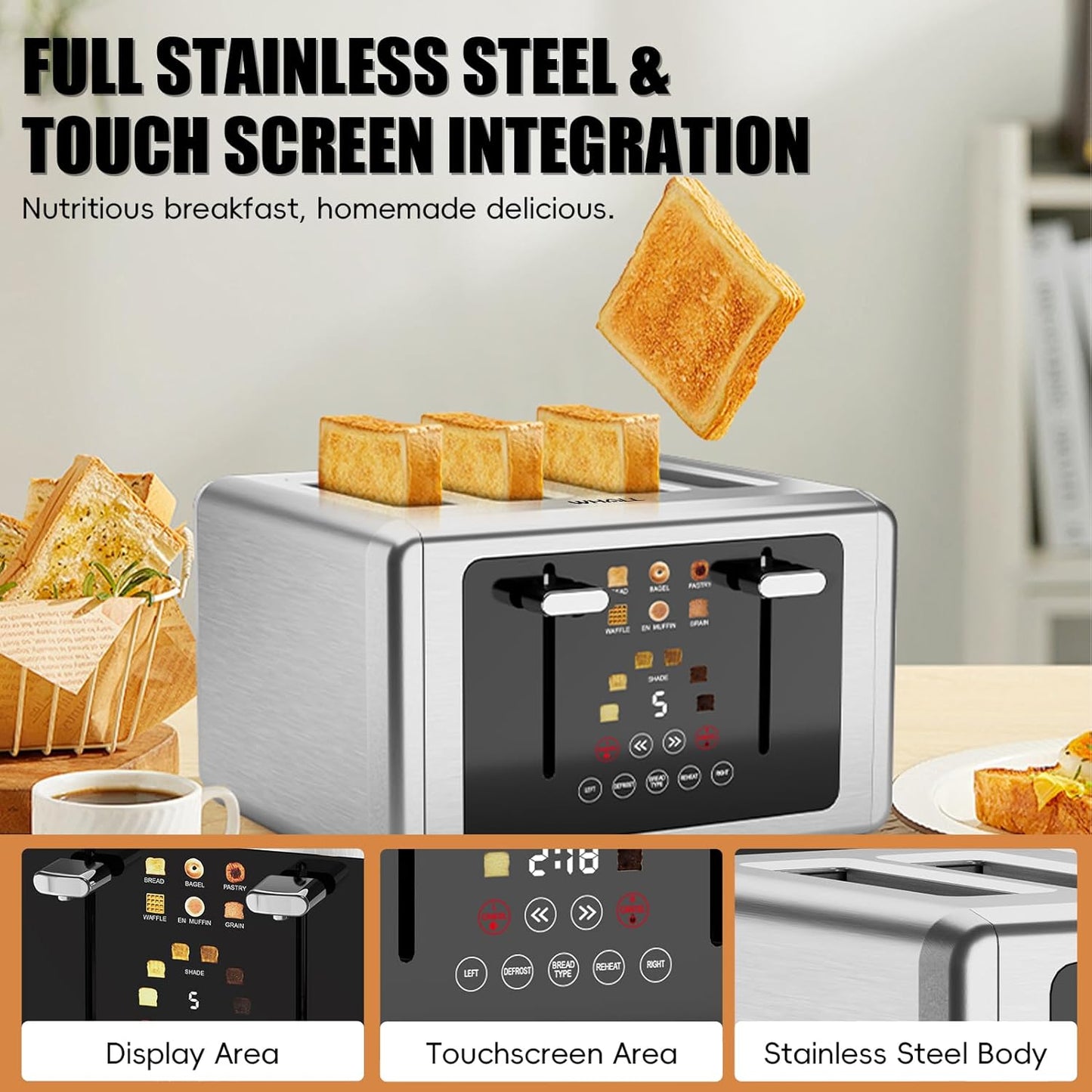 whall 4 Slice Touch Screen Toaster, Stainless Steel Toasters Digital Timer, Dual Control Panel Toasters，6 Shade Settings＆6 Bread Types, Smart Wide Slots, Bagel, Cancel, Defrost,Flat lever Silver