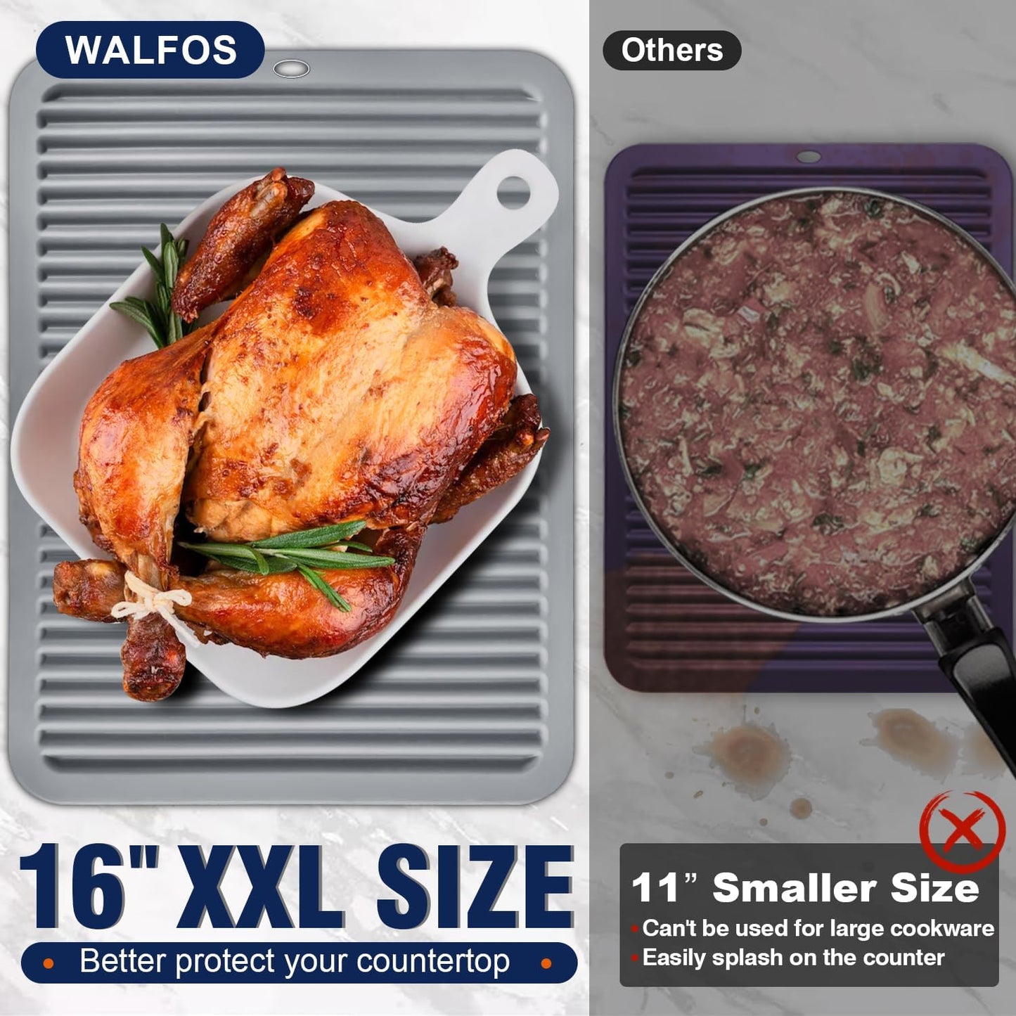 Walfos Large Silicone Trivet 16x12 Inch, Hot Pads for Kitchen, Heat Resistant Pot Holders Trivets for Hot Dishes, Hot Pots and Pans, Quartz Countertops, Gray, 2 Pack