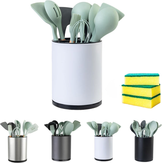 Utensil Holder,4-in-1 Large Kitchen Utensil Holder For Counter,Rotating Silverware Organizer Cooking Flatware Spoon Spatula Tool Cutlery Container Stainless Steel Caddy
