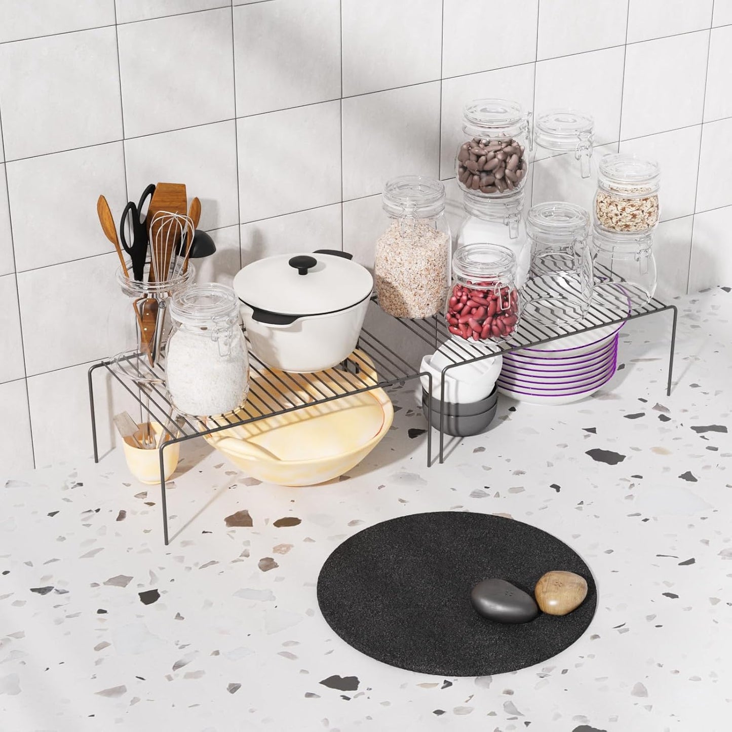 Large(15.7 x 9.4 inch)Black Cabinet Storage Shelf Rack Set of 4, Rustproof Metal Wire Kitchen Counter Organizers and Storage, Spice Organization for Cabinet, Plate, Dish, Pantry, Bathroom, Fridge