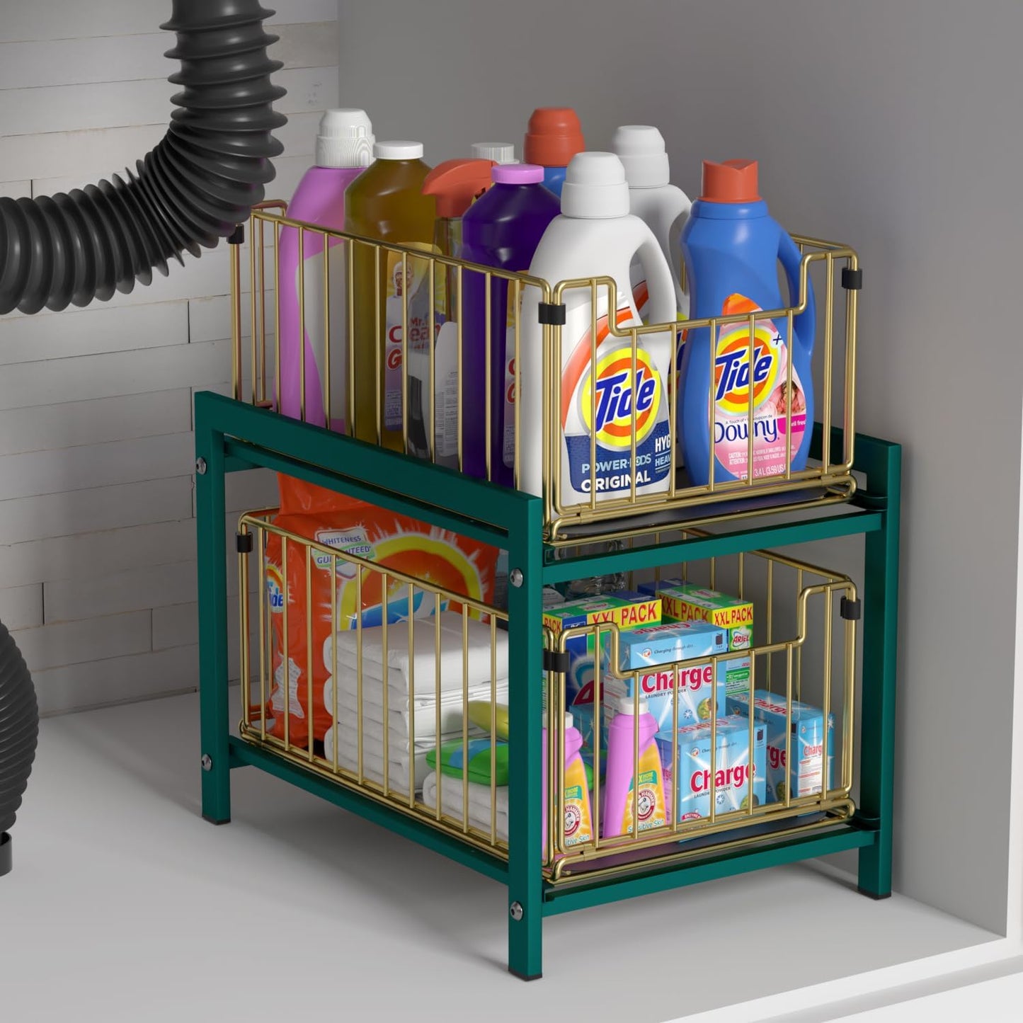 2 Tier Sliding Basket Drawer Organizer, Lxmons Pull Out Under Sink Cabinets Organizers, Metal Home Shelf for Bathroom or Kitchen, Sliding Countertop or Pantry Storage Shelf, Large Gold Green