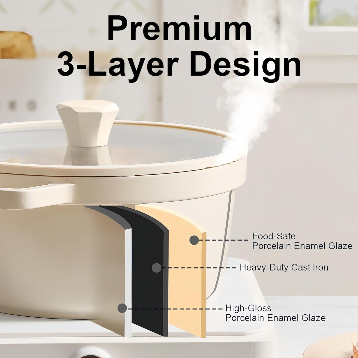 5QT Ceramic Nonstick Dutch Oven Pot with Glass Lid - Nonstick Induction StockPot with Lid Soup Ladle Spatula Healthy Cooking PFAS and PTFE Free