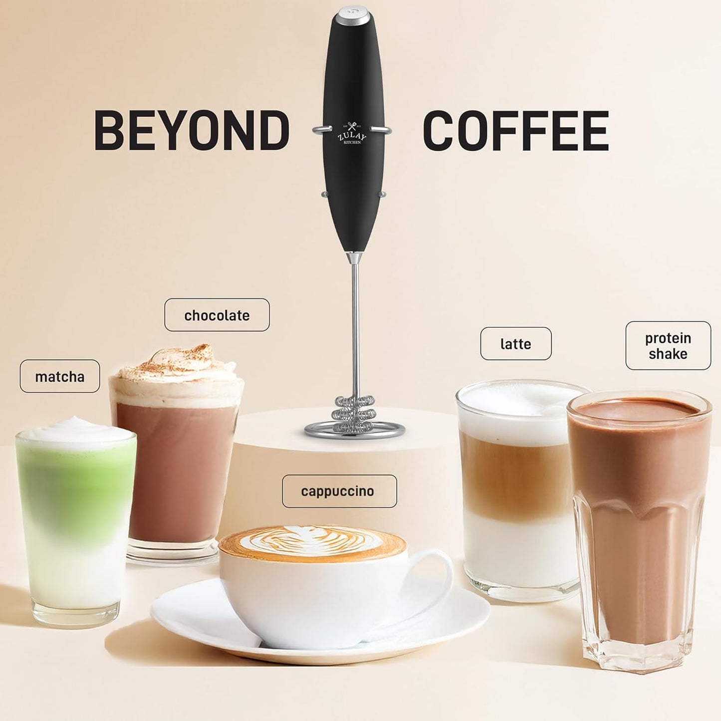 Zulay Kitchen Patented Tornado Triple Whisk Milk Frother with 2 Duracell Batteries – Handheld Foam Maker for Coffee, Lattes, Matcha & Hot Chocolate – Rich, Creamy Froth in Seconds