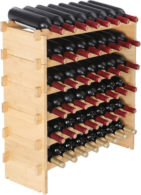 VEVOR Stackable Modular Wine Rack, 6-Tier 48 Bottles, Freestanding Wines Holder Display Shelf, Solid Bamboo Wood Storage Racks, Wobble-Free Shelves for Kitchens, Dining Rooms, Cellars, Natural Color