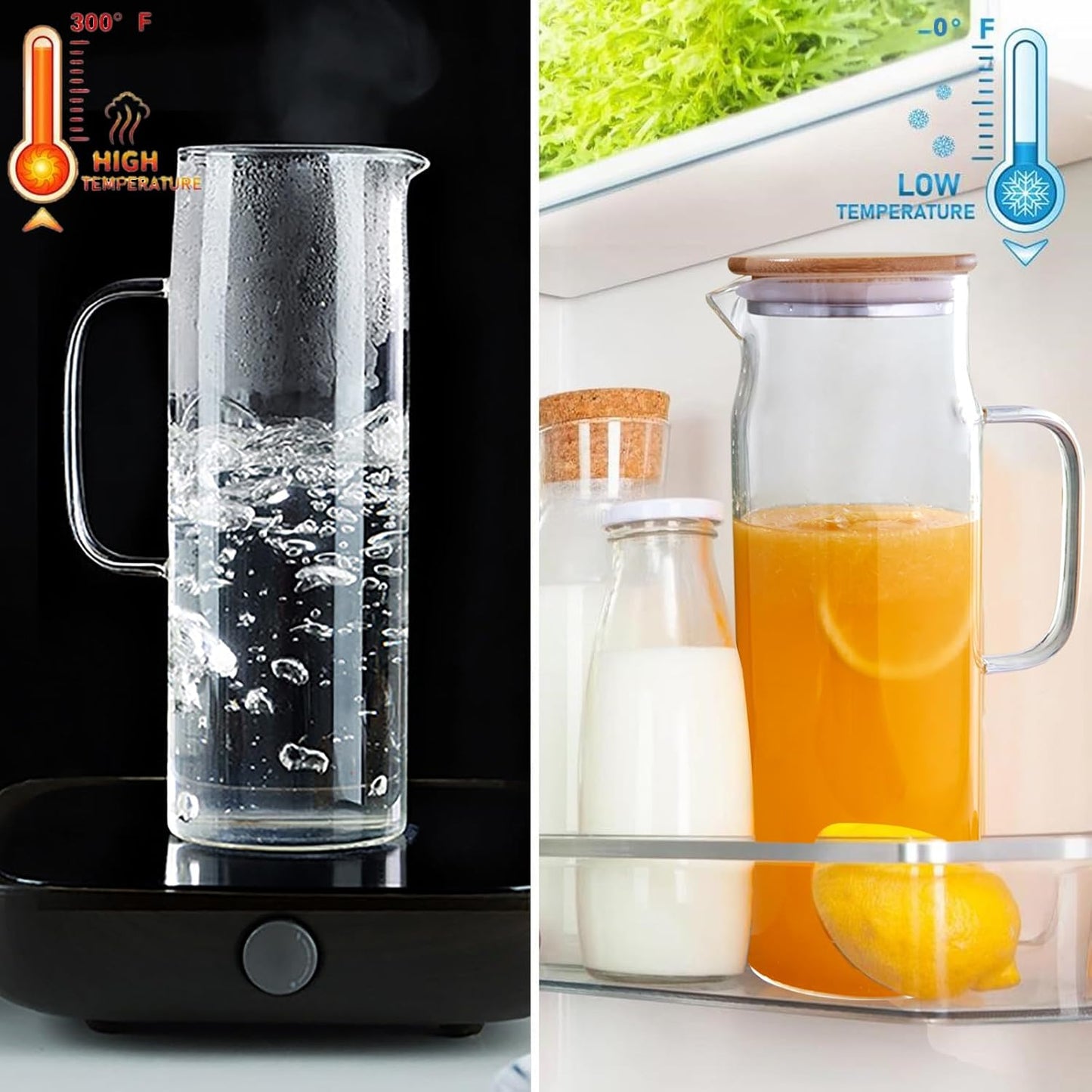 50oz Glass Pitcher with Lid, Glass Water Carafe with Handle, Fridge Water Jug Cold or Hot Beverages, Iced Tea, Milk, Juice (set of 3)