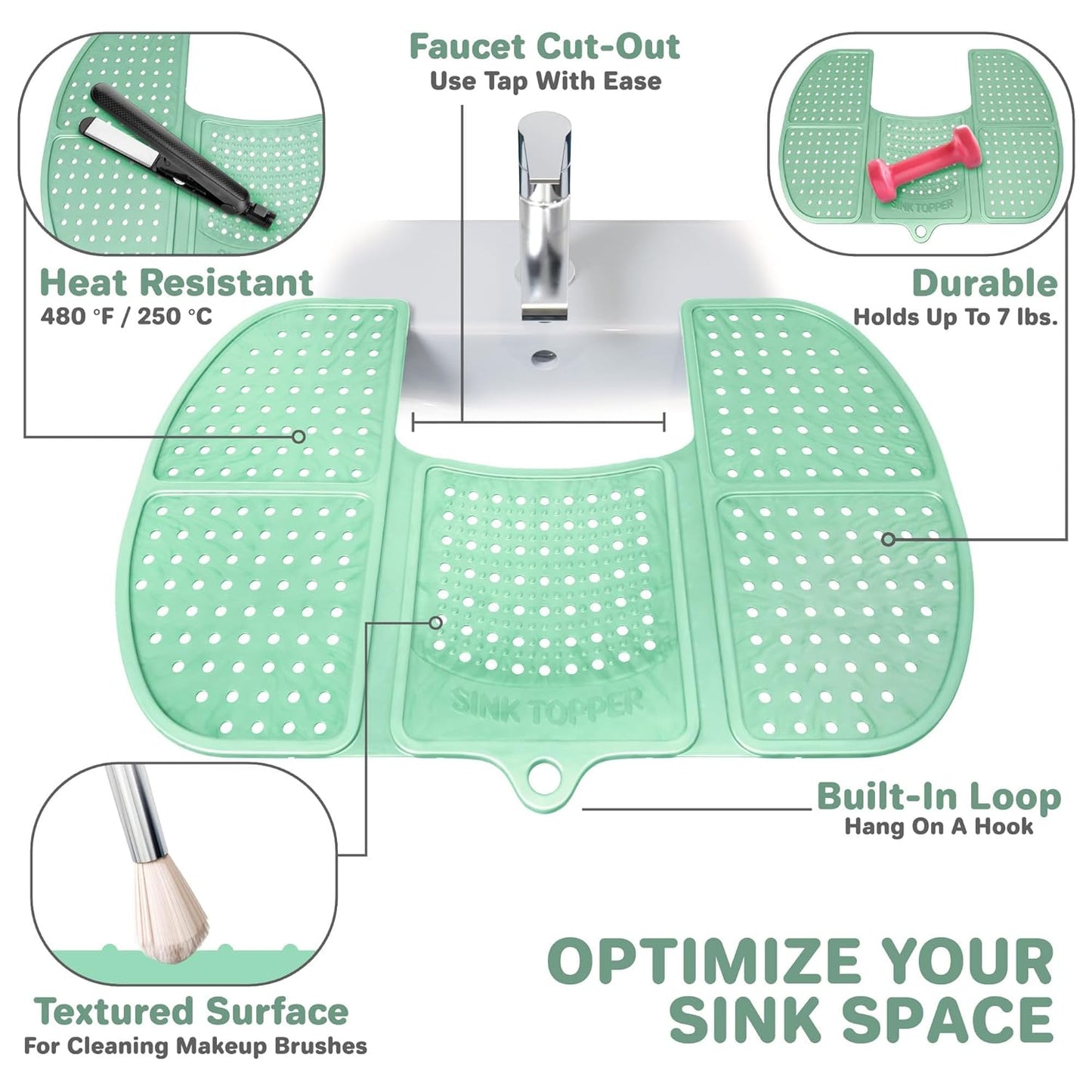 Sink Topper Bathroom Counter Cover & Storage Saver, Foldable Silicone Mat for Hot Tools, Hair Styling & Makeup, Beauty Brush Cleaning Mat, RV Camper Sink Cover & for Small Spaces (Standard Green)