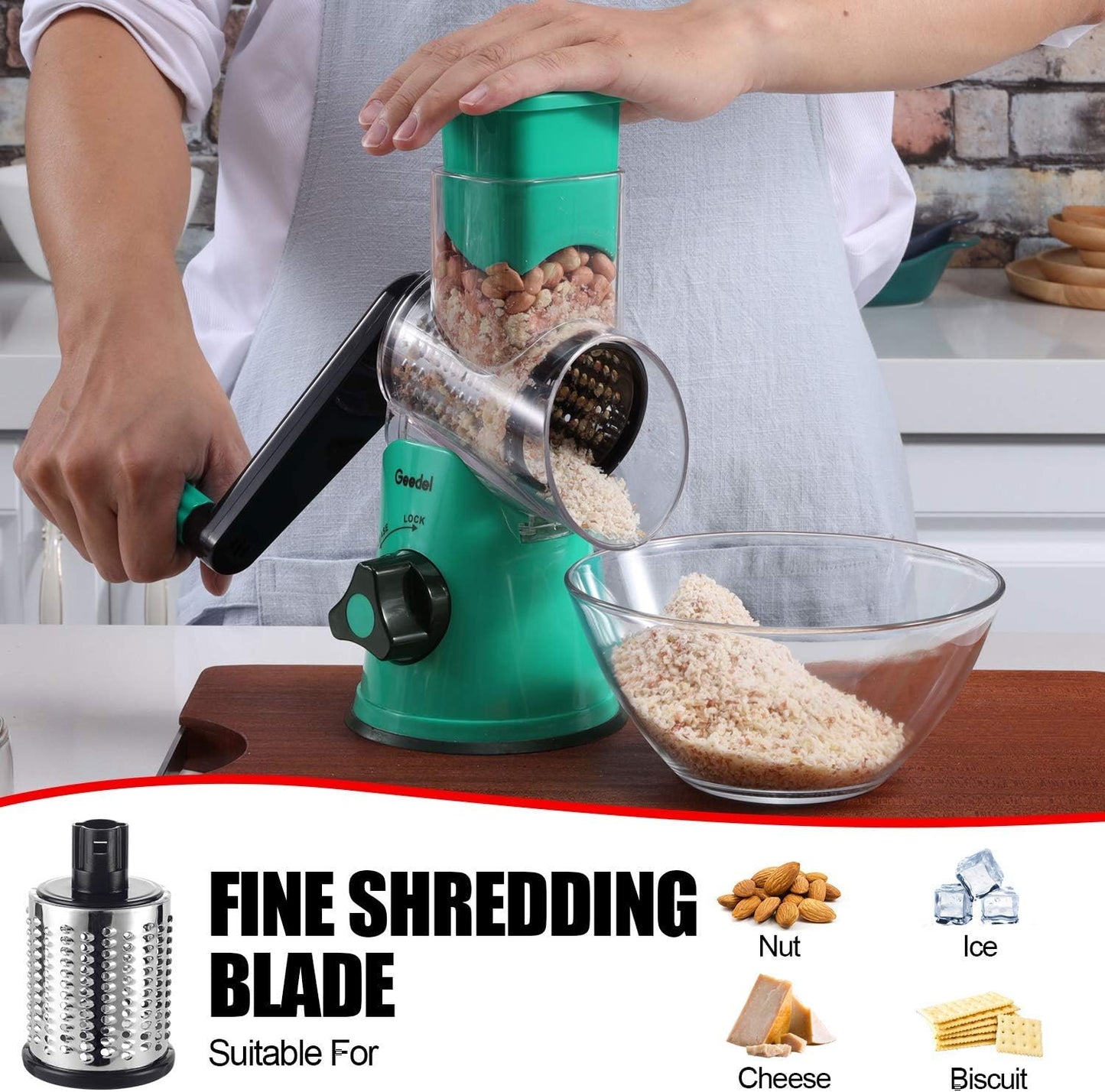 Geedel Rotary Cheese Grater with 3 Interchangeable Blades, Kitchen Mandoline Vegetable Slicer for Fruit, Nuts , Easy to Clean