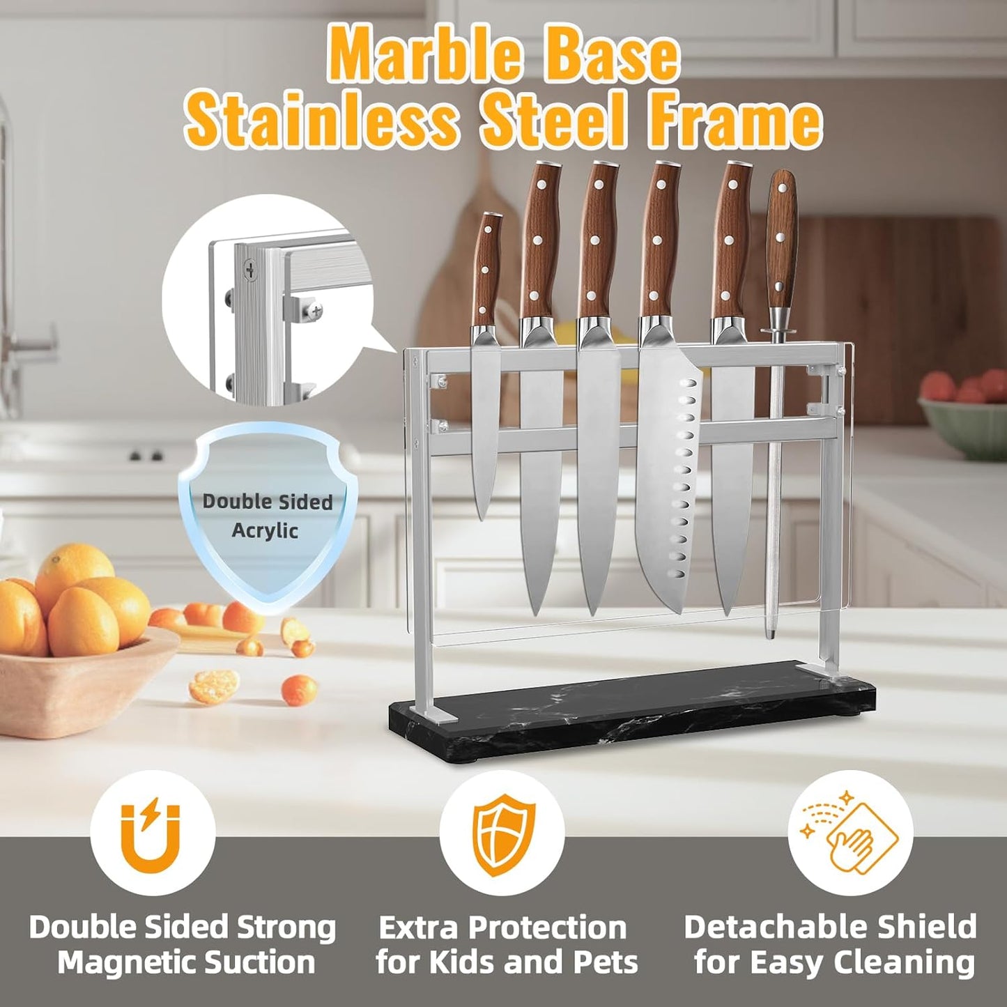 Magnetic Knife Stand Block with Marble Base, Double-sided Stainless Steel Magnets for Countertop with Acrylic Shield, Magnetic Knife Holder for Kitchen Storage, 12 IN, Black