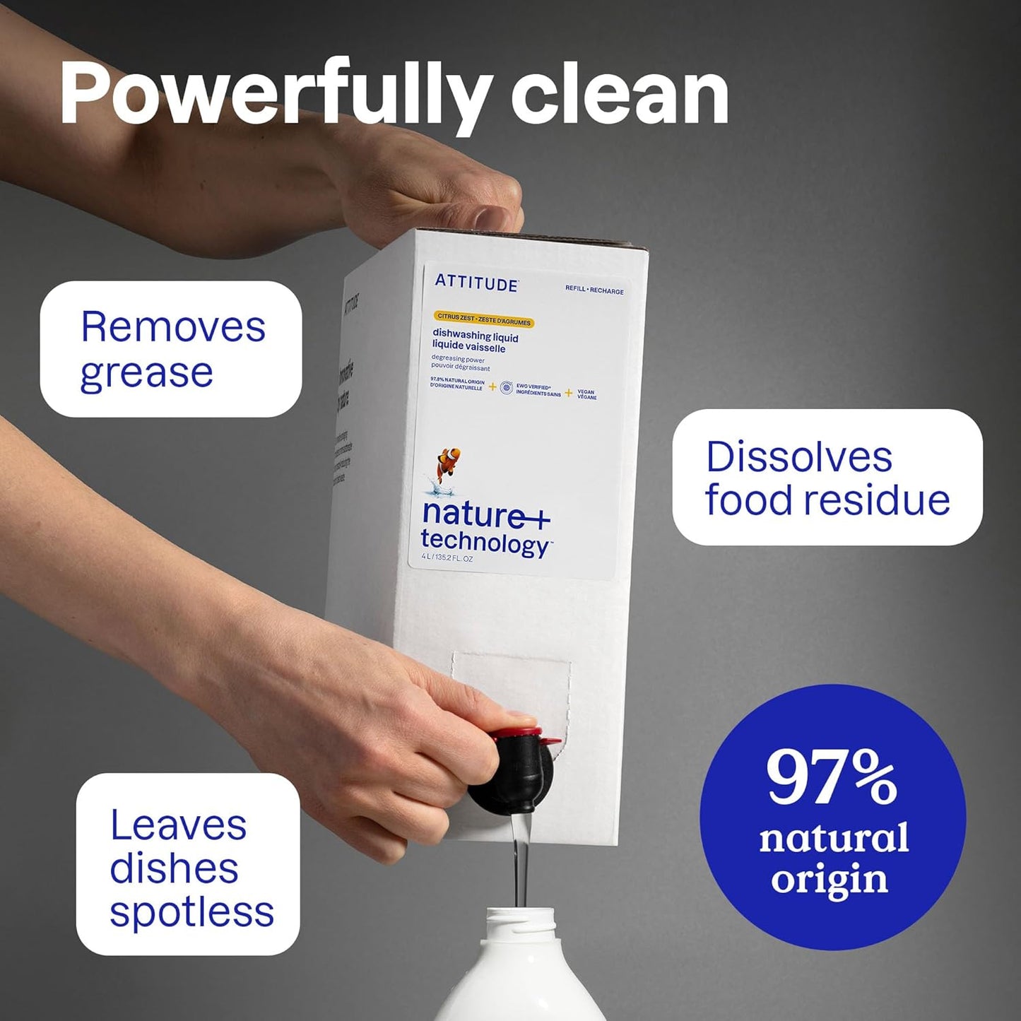 ATTITUDE Dish Soap Refill, EWG Verified, Plant-Based & Vegan Dishwashing Liquid, Naturally Derived, Citrus Zest Scent, 135.3 Fl Oz