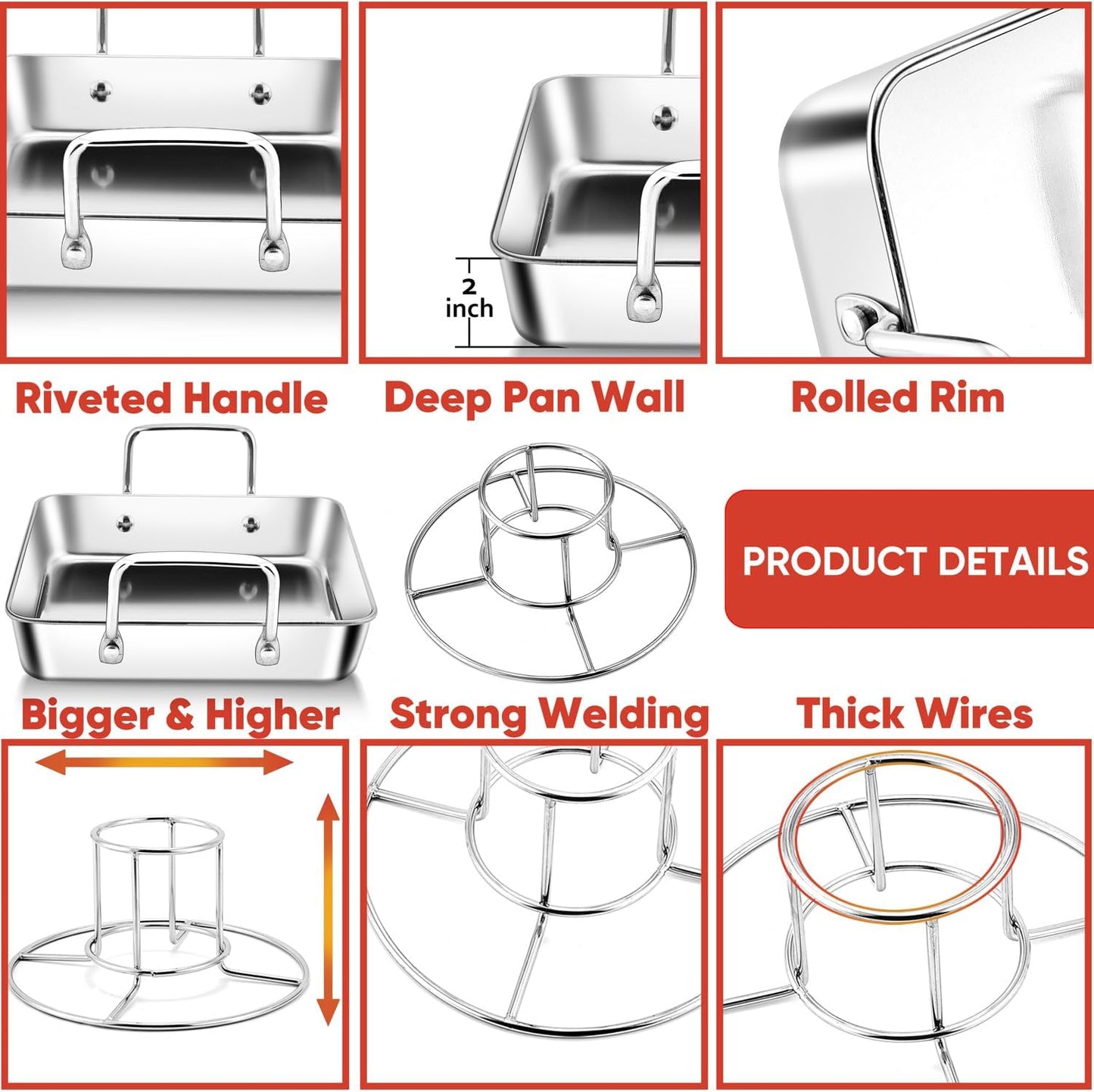 Herogo Small Roasting Pan with Beer Can Chicken Holder, 9 Inch Stainless Steel Square Baking Pans with BBQ Vertical Stand Rack for Baking Oven Grilling Smoker, Easy to Use & Dishwasher Safe