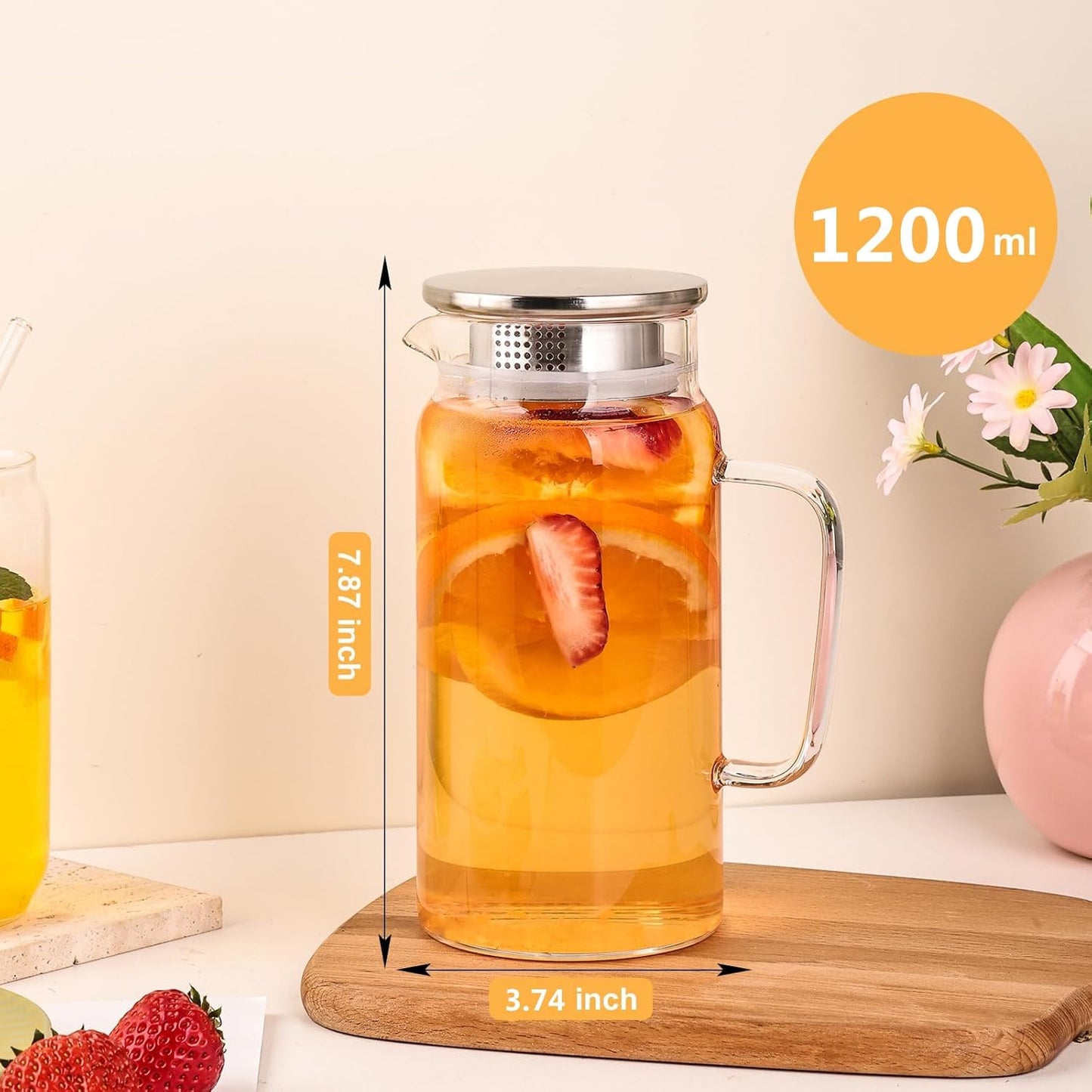 Set of 2 Glass Pitcher with Lid, 1200ml Leak Proof,Glass Water Jugs, BPA-Free,Microwave & Dishwasher Safe Pitcher,Sun & Iced Tea, Sangria,Cold Brew Coffee & More