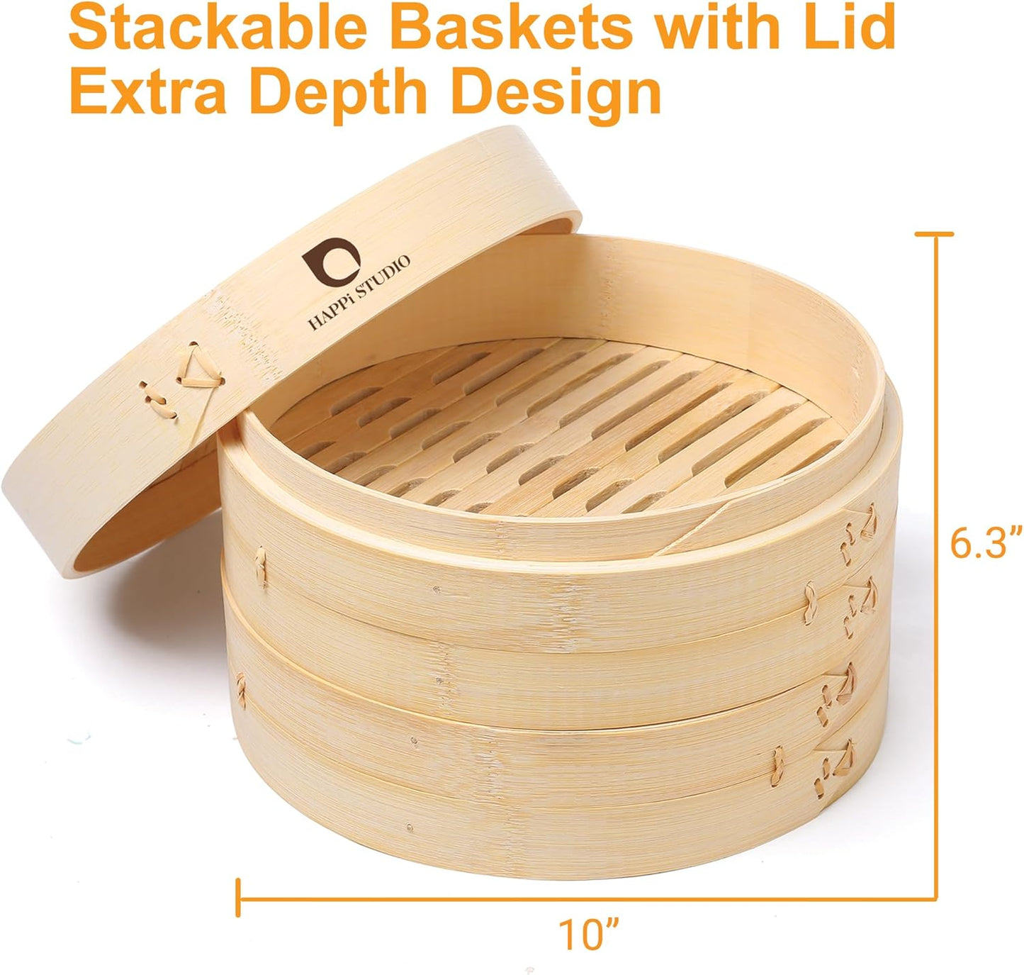 Bamboo Steamer - 2-Tier 10 Inch for Cooking Dim Sum, Momo, Rice - Chinese Basket for Bao Bun, Dumplings - Japanese Steaming