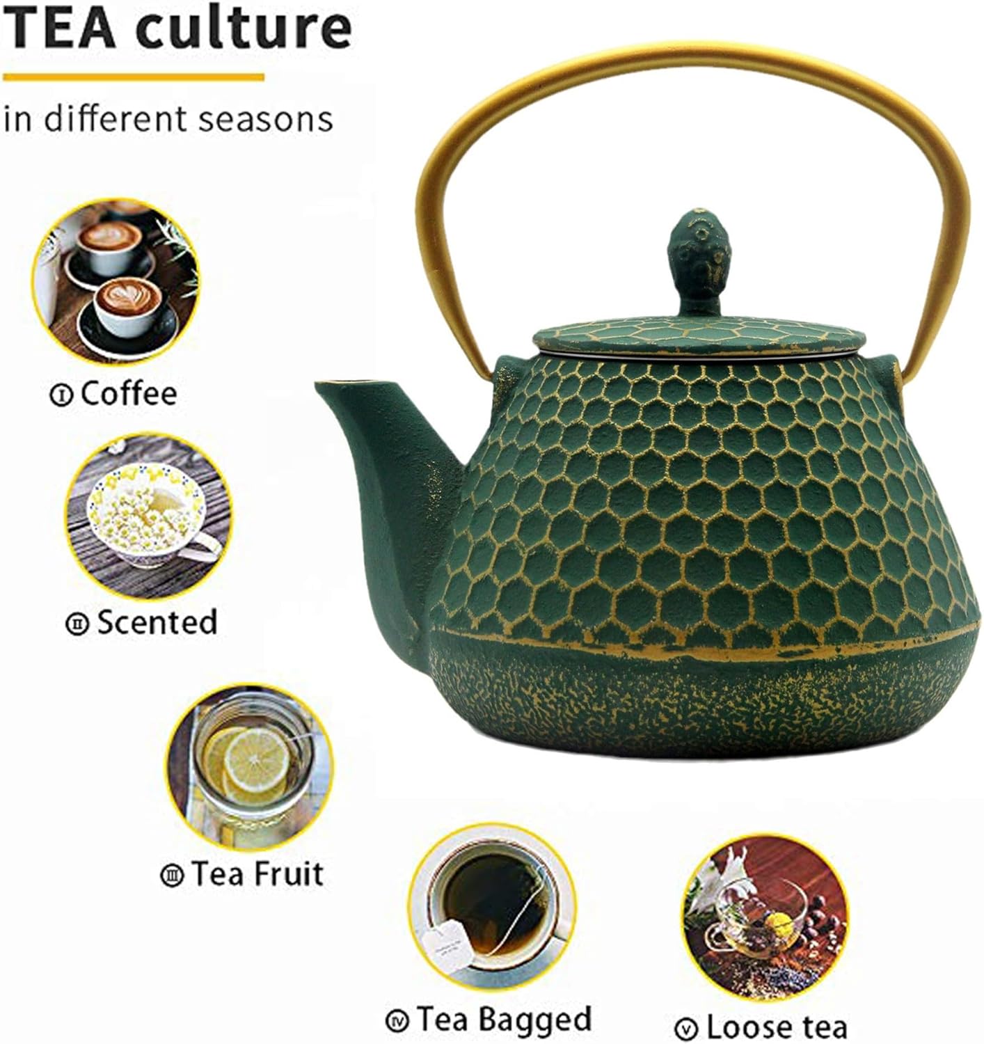 Cast Iron Tea Kettle Set, 33.8oz Hexagon Pattern Teapot Set with Cups and Cup Mats, Teapot Coated with Enameled Interior, Durable Cast Iron Teapot Set with Stainless Steel Infuser
