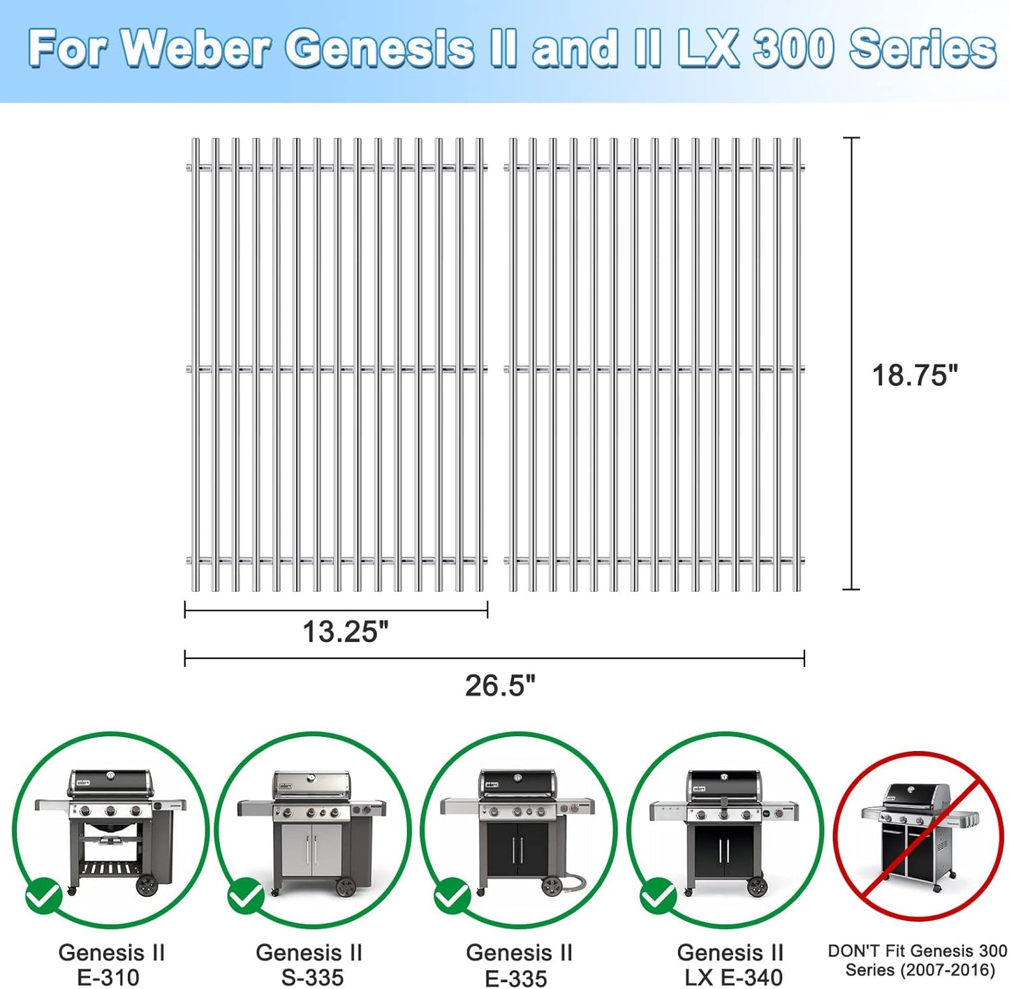 Adviace 18.75 Inch 66095 Grill Grate Replacement for Weber Genesis II 300 & II LX 300 Series, II E-310, II S-310, II S-335, II E-335, 304 Stainless Steel Cooking Grate for Weber Genesis Grill Parts.