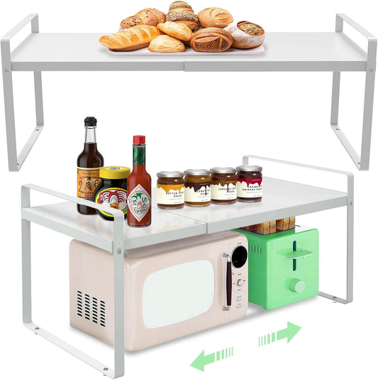 Cabinet Shelves Organizer for Kitchen 11", Expandable Shelf with Adjustable Length, Metal Countertop Organizer, Fits Pantry, Over the Sink, Spices, Microwave & Dishes Storage, White (2 Pack)