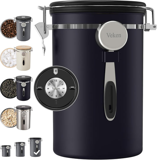 Veken Coffee Canister, 39OZ Large, Airtight Stainless Steel Food Storage Container for 2.2lbs Coffee Beans, Ground, Sugar, Tea, Flour, Rice, Cereal, Cookies Jars, Bar Accessories & Gifts, Black