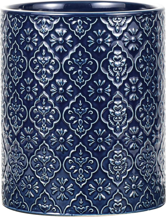 Kitchen Utensil Holder, 6x7 inch Large Ceramic Utensil Holder with Embossed Pattern, Cooking Utensil Crocks for Kitchen Countertop, Home Decor, Blue