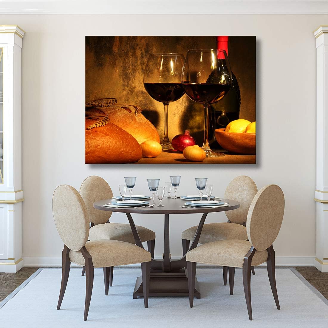 Looife Kitchen Still Life Canvas Wall Art, 16x12 Inch Gallery Wrapped Wine Cup with Bread Picture Prints Wall Decor, Food Art Deco for Dining Room and Bar