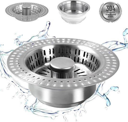 3 in 1 Kitchen Sink Drain Strainer Stopper, Stainless Steel Pop Up Sink Stopper with Anti-Clogging Basket Strainer Width 3.07" Height 1.77 for Deep Sink (Silver)
