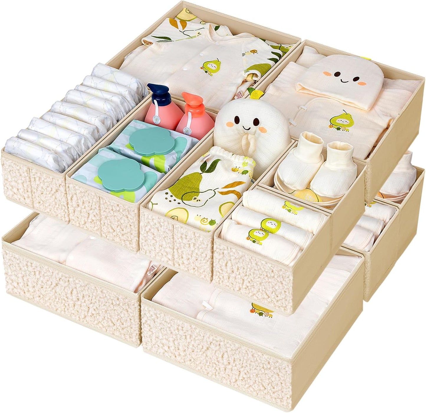 Drawer Organizer Clothes - 12 Pack Dresser Organizer for Nursery, Foldable Sock Underwear Organizer, Baby Drawer Organizer, Small Fabric Storage Bins for Dresser Drawer, Beige