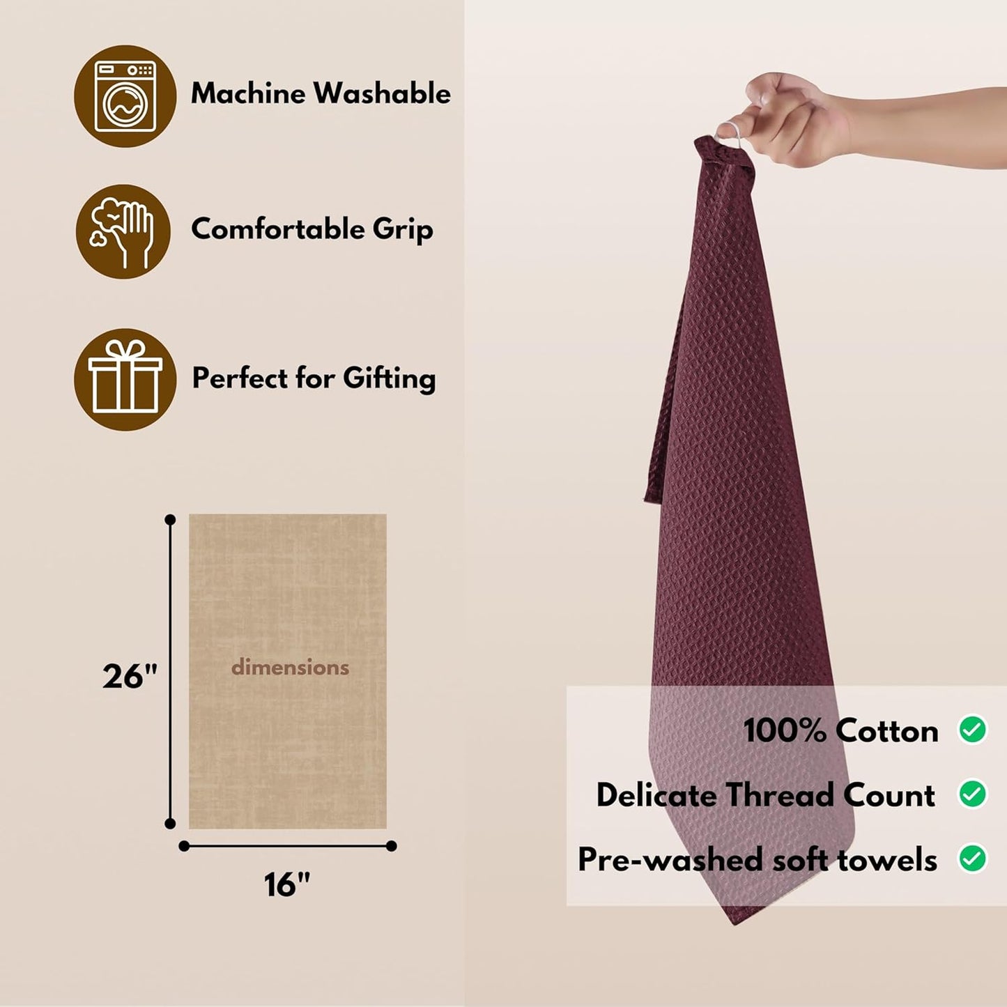 Native Fab Cotton Kitchen Towel with Hanging Loop 16x26 inches, 6-Pack, Waffle Weave Kitchen Towels for Cleaning Drying, Washcloths Soft & Absorbent Cloth Rags, Bar Towel, Dish Cloth, Burgundy Wine