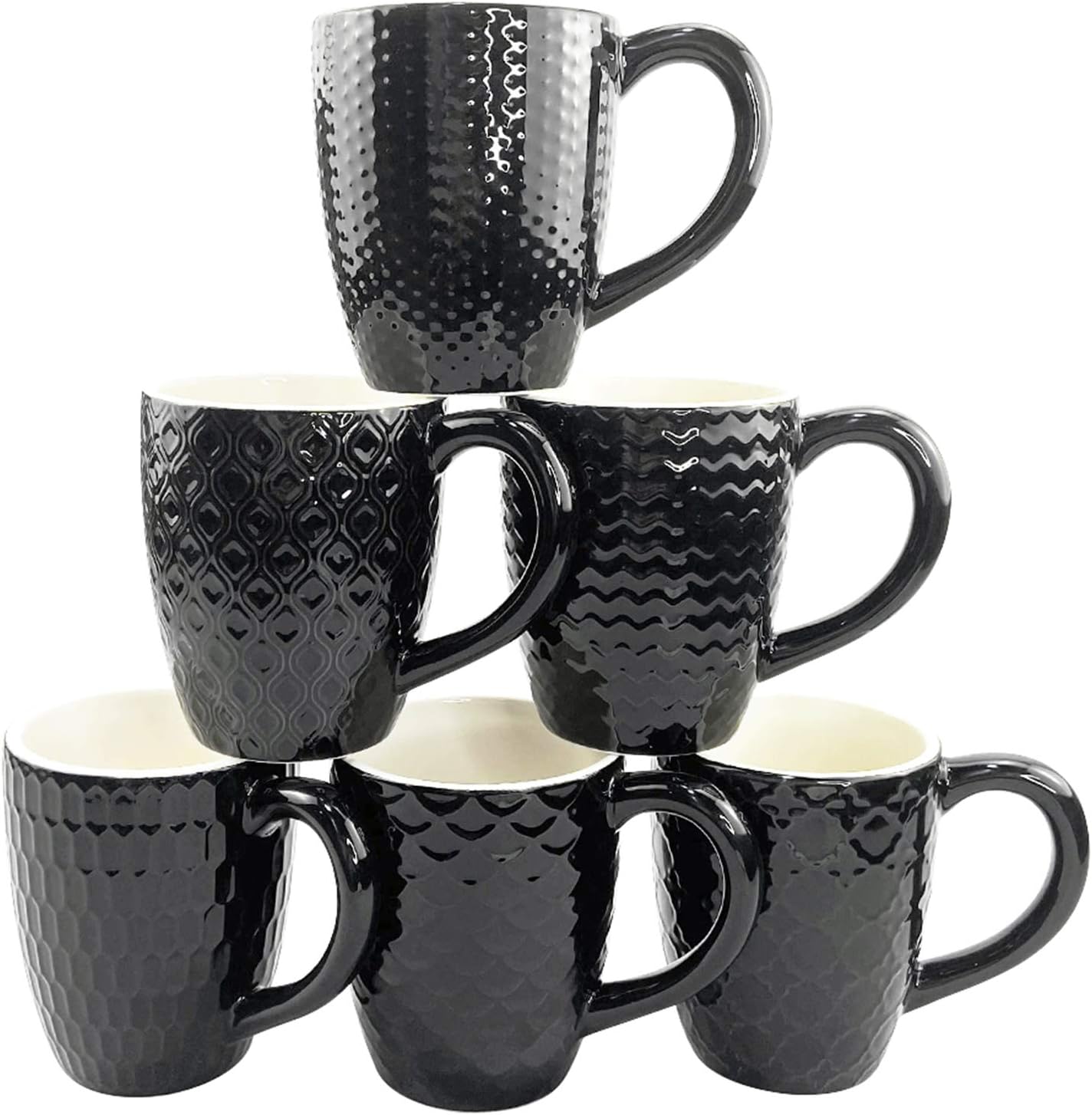 Schliersee 12 OZ Black Ceramic Coffee Mugs Set 6, Stylish Embossed 6 Patterns Coffee Cups Set for Coffee, Tea, Milk, Cocoa, Cereal, Water, Microwave Safe