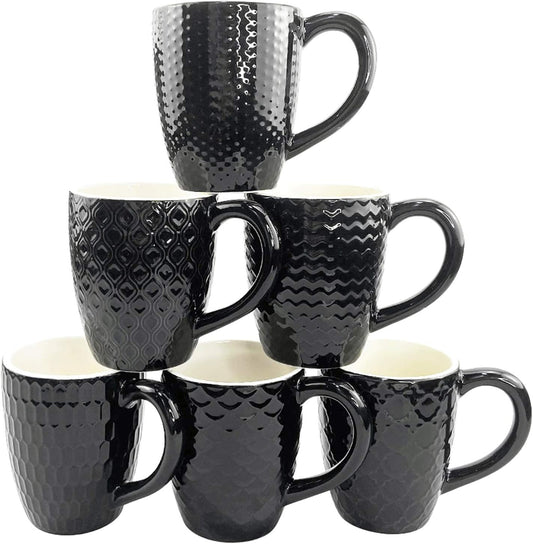 Schliersee 12 OZ Black Ceramic Coffee Mugs Set 6, Stylish Embossed 6 Patterns Coffee Cups Set for Coffee, Tea, Milk, Cocoa, Cereal, Water, Microwave Safe