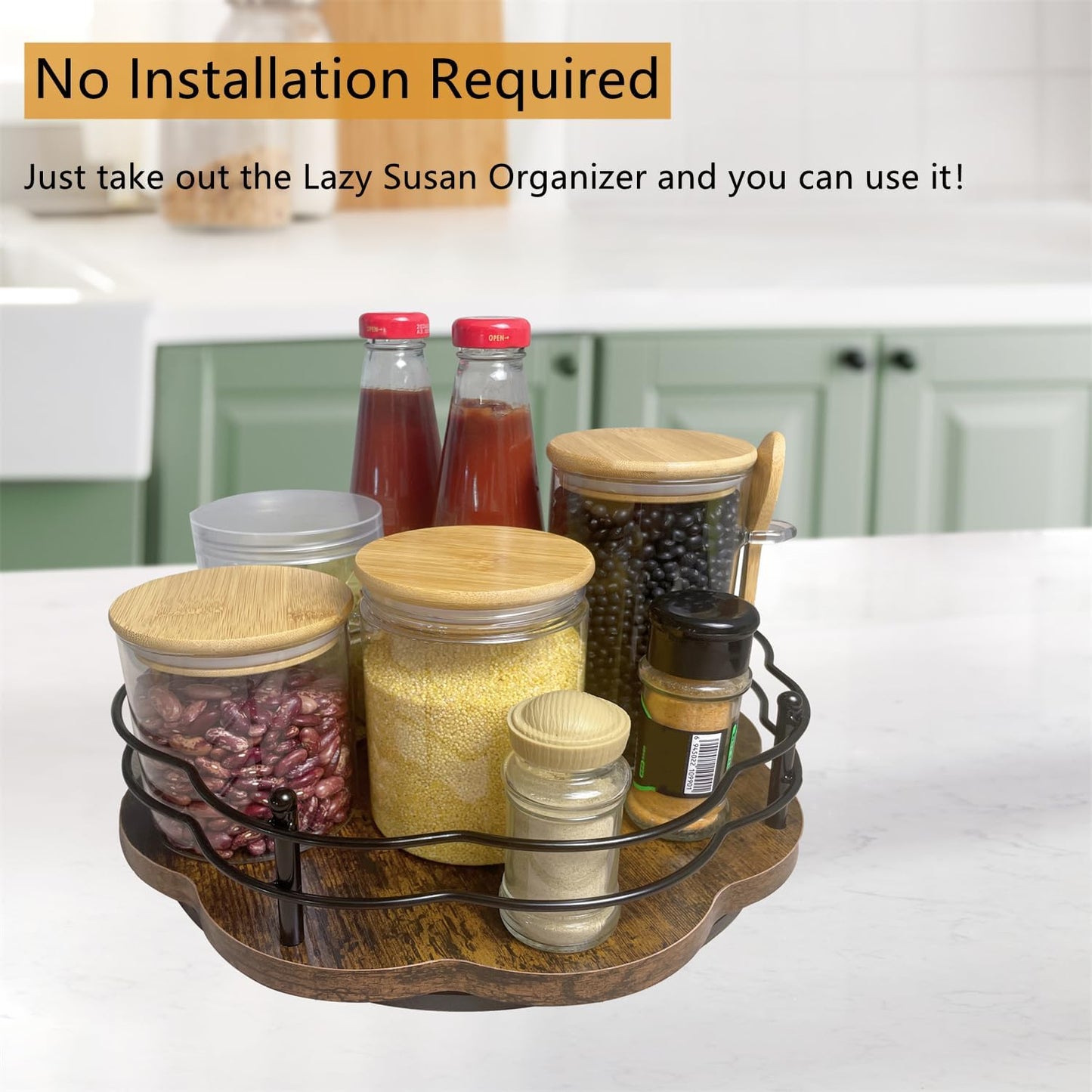 2 Pack, 11" & 12" Wooden Lazy Susan Turntable with Higher Metal Sides, 360° Rotating Lazy Susan Organization and Storage for Cabinet, Table Top, Kitchen, Countertop, Dining Table, Pantry, Coffee Bar