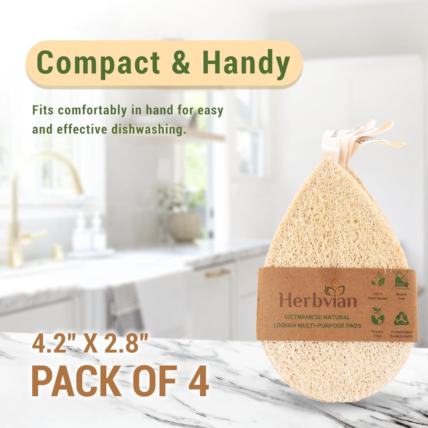 Natural Loofah Kitchen Scrubbing Pads, Vietnamese 100% Plant-Based Luffa, Multi-Purpose Dish Washing Sponges (Pack 4)