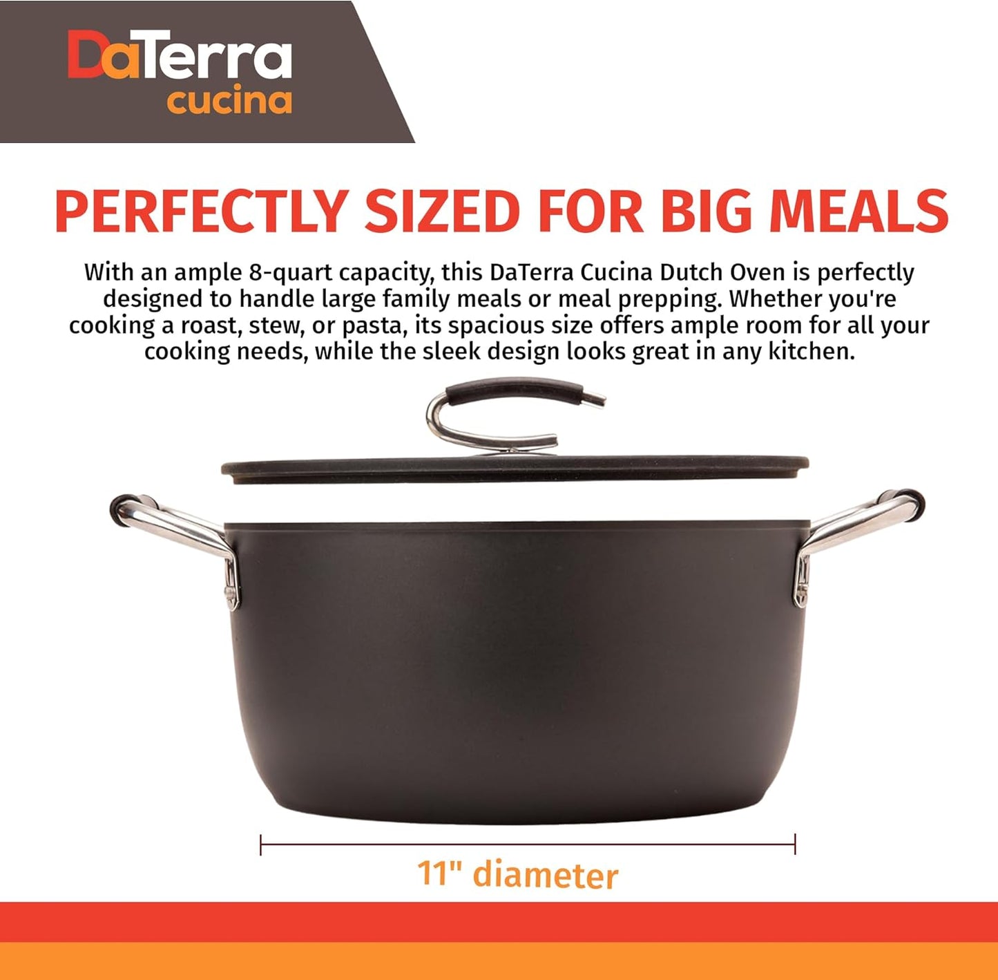 DaTerra Cucina - 8 Qt Nonstick Ceramic Dutch Oven with Lid – Large Stock Pot, Oven & Induction Safe, Heavy Duty, Lightweight, Lead & PFOA Free, Volcanic Black | Made in Italy