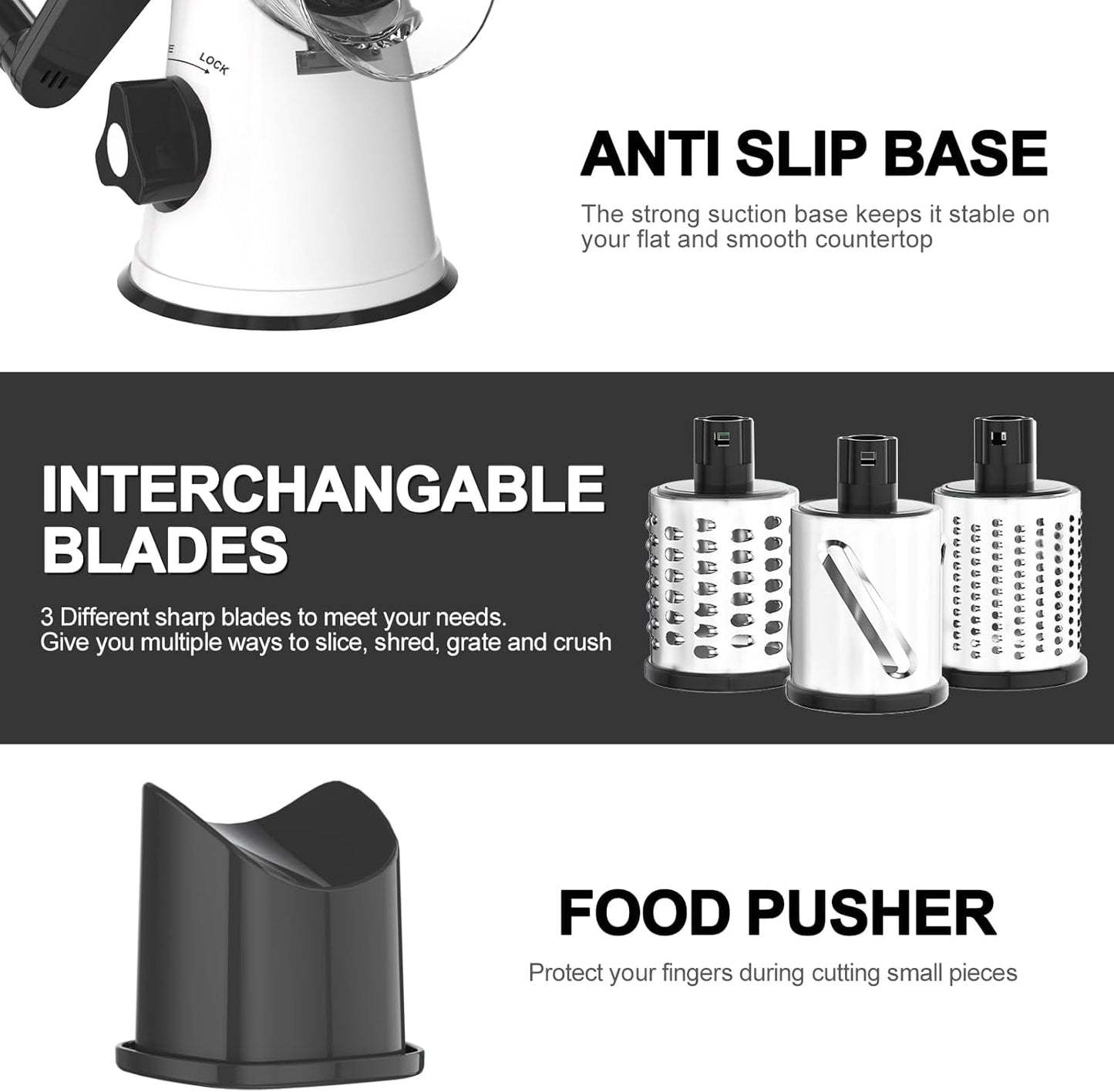 Cambom Rotary Cheese Grater Hand Crank Cheese Shredder for Fresh Cheese, Vegetable, Nuts,Non-slip Suction Base, Free Cleaning Brush Three Blades, White and Black