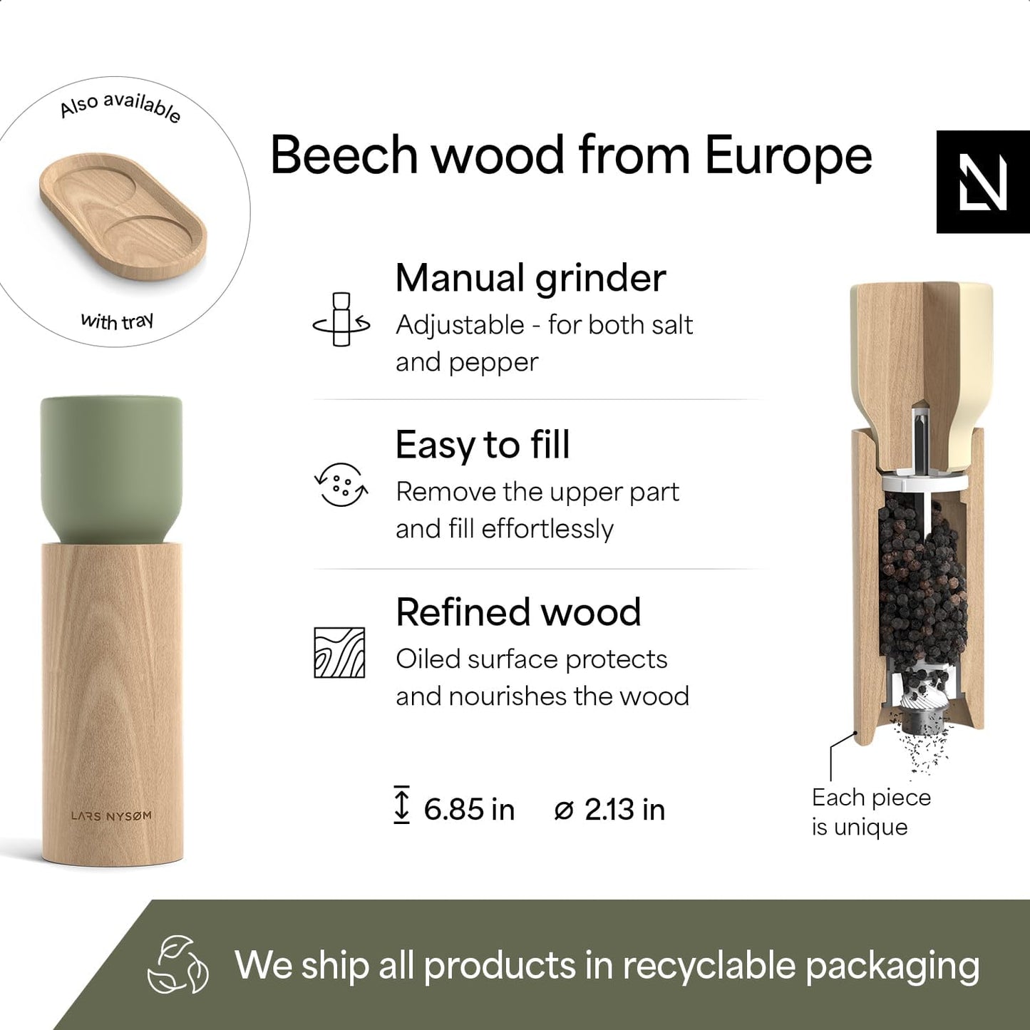 LARS NYSØM Wooden Salt and Pepper Grinder Set Manual - Salt and Pepper Mills with Adjustable Ceramic Grinder - Elegant Beechwood Pepper and Salt Mill Set for Dining Table (Green/Beige)