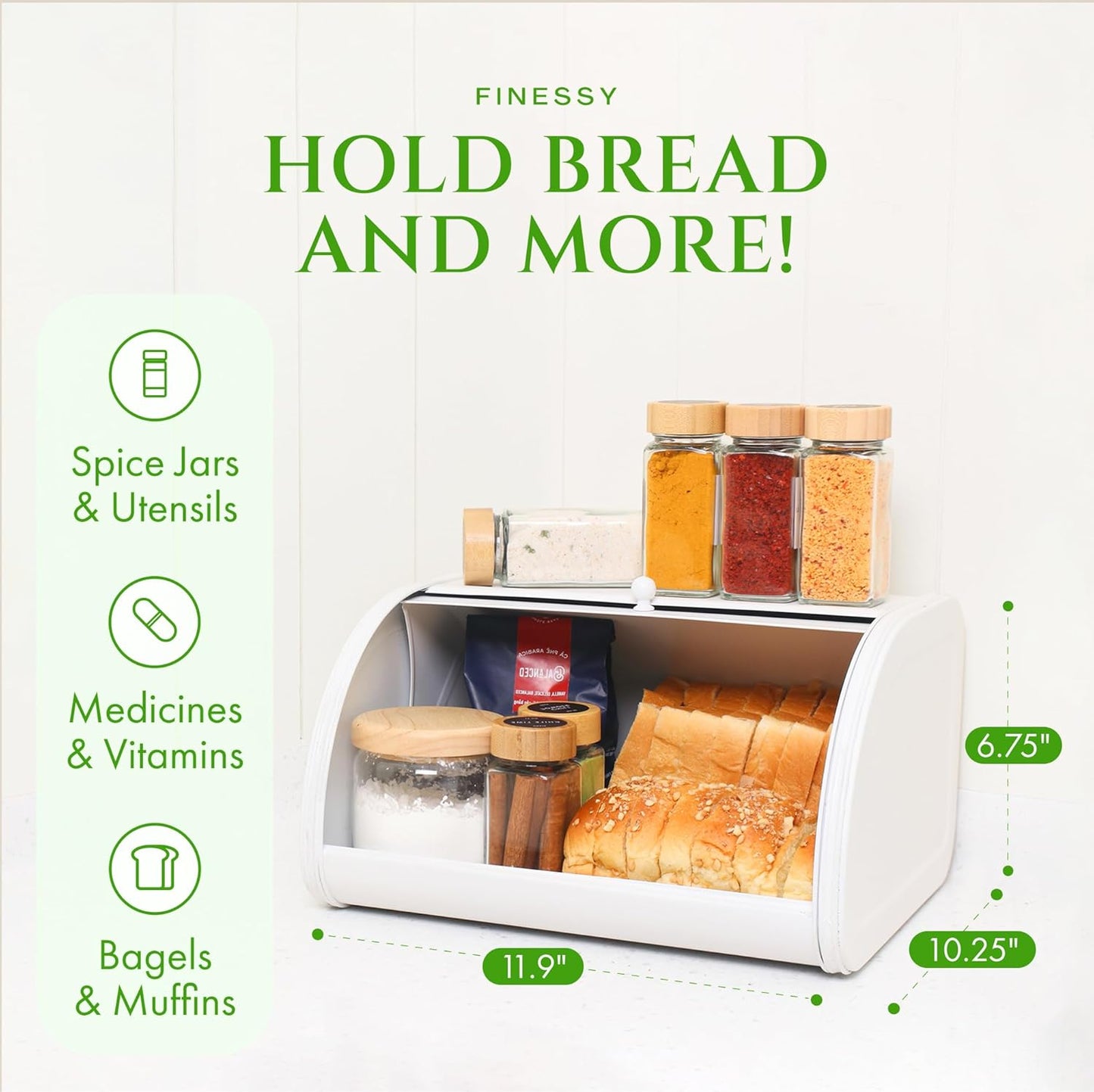 Modern Metal White Bread Box for Kitchen Countertop for Homemade Loaf Sourdough, Roll Top Breadbox for Kitchen Countertop Storage Container Bin, Farmhouse Stainless Steel Bread Keeper for Counters