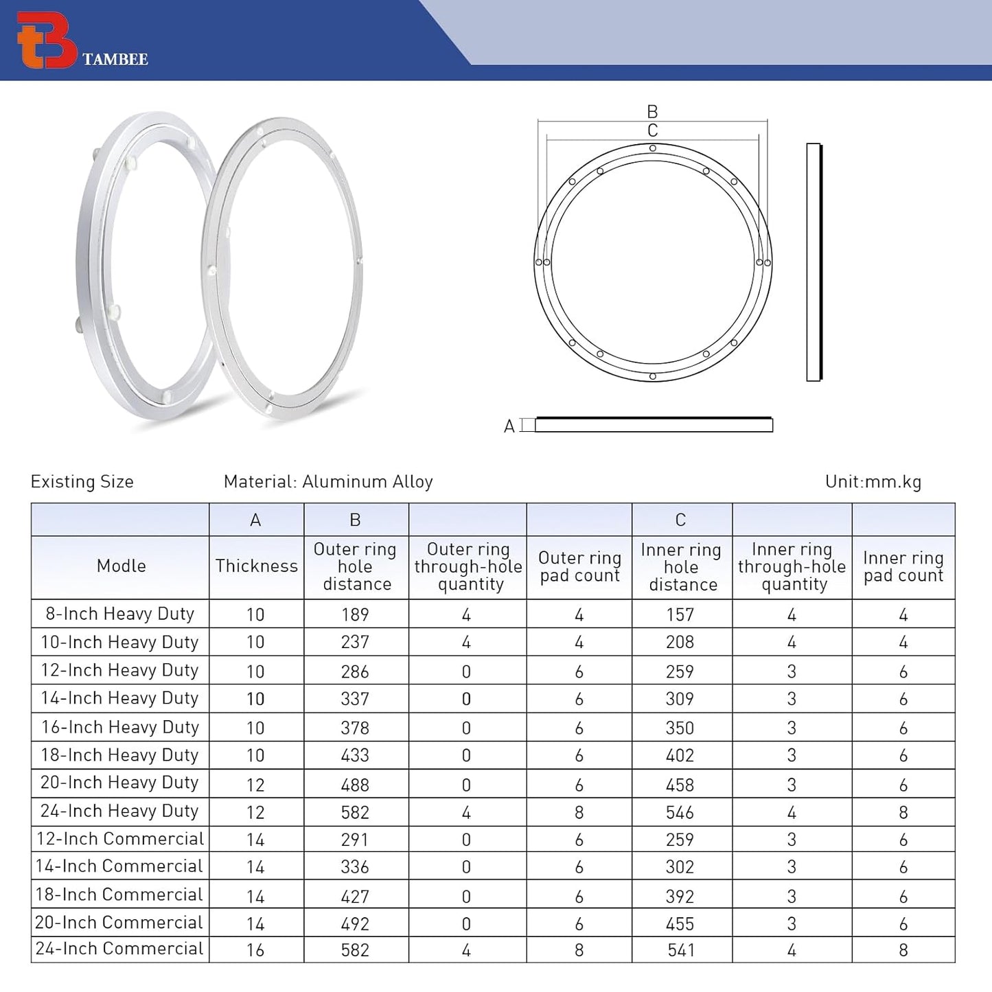 TamBee Aluminum Lazy Susan Heavy Duty Metal Rotating Hardware Turntable Bearing Ring Lazy Susan Base Only (8-Inch Heavy Duty)