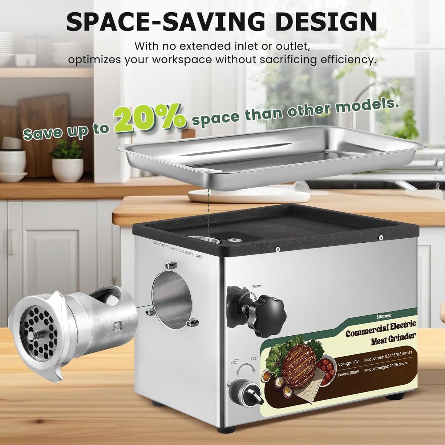 Huanyu Electric Meat Grinder 1100W Stainless Steel Meat Grinder Heavy Duty with 2 Blades 4 Plates Commercial Grinders for Restaurants, Butcher Shops 110V 1.5HP