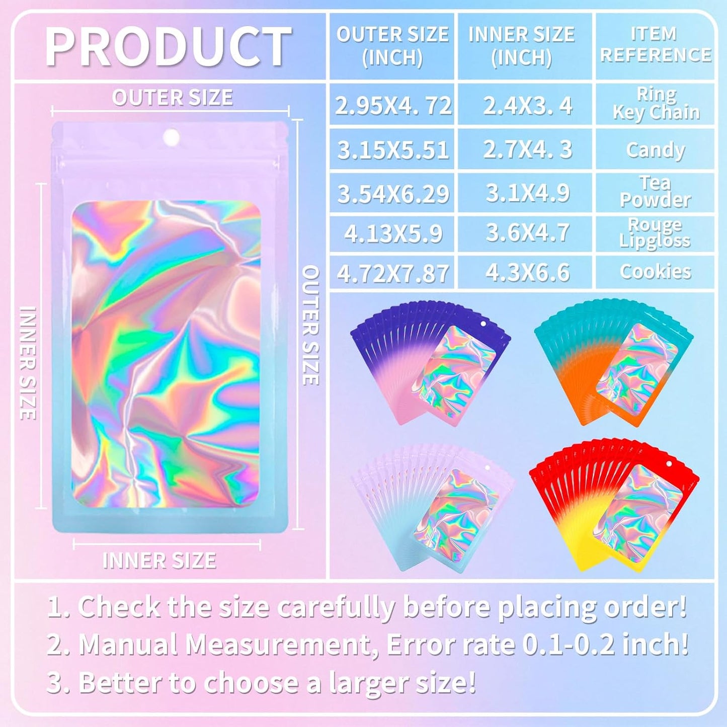 200 Pack Resealable Mylar Holographic Bags Food Storage Smell Proof Bags with Front Window Foil Packaging Pouch for Candy Sample Jewelry Small Business 4.72×7.87 Inch, Blue Fade Orange