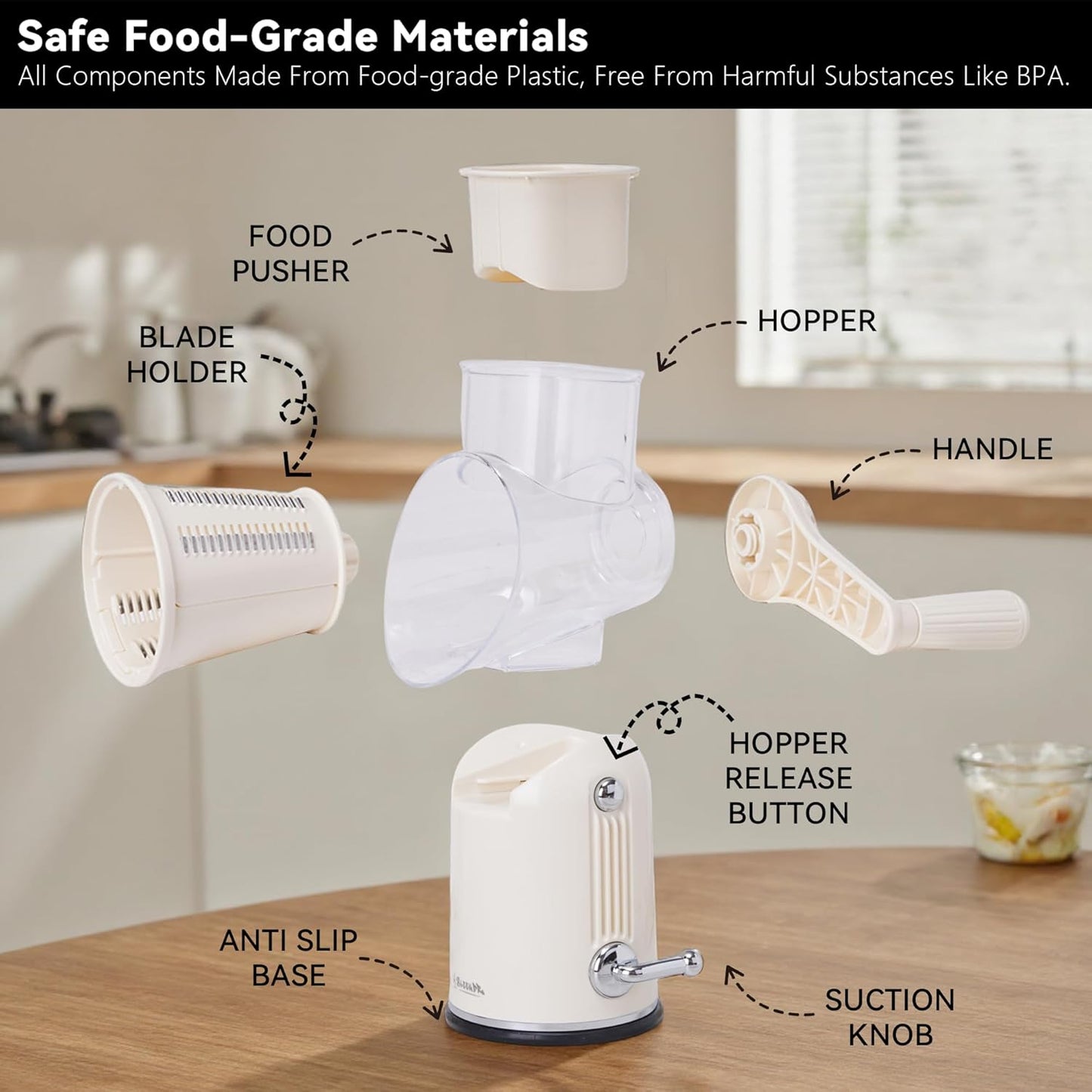 5 in 1 Rotary Cheese Grater Vegetable Slicer with Handle - Upgraded Hand Crank Cheese Grater with Handle and Strong Suction Base, Multi-Purpose Vegetable Slicer with 5 Well-Designed Blades
