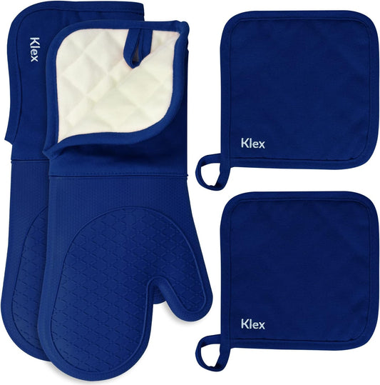 Klex Extra Long Silicone Oven Mitts and Pot Holders, 932°F Degrees Heat Resistance with Quilted Liner Oven Gloves and Hot Pads, 4 Piece Set, 15 inch, Blue