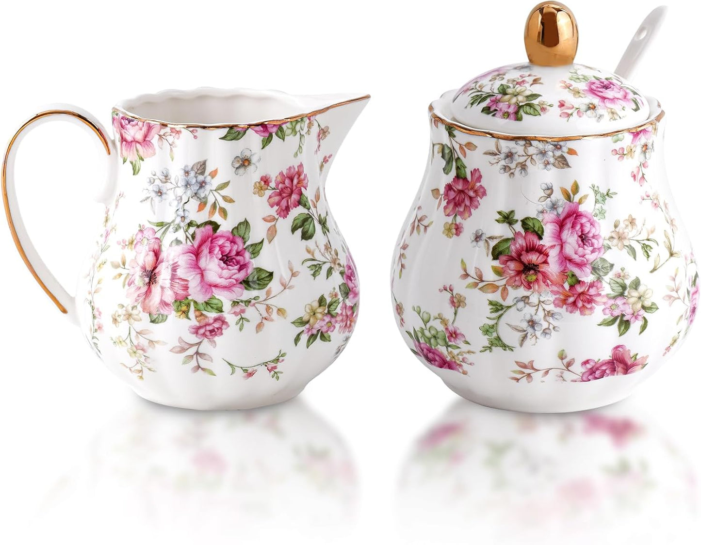 Ceramic Sugar and Creamer Set, 3 Piece Set with Cream Pitcher, Sugar Bowl, Sugar Set with Lid and Spoon (White with flower)