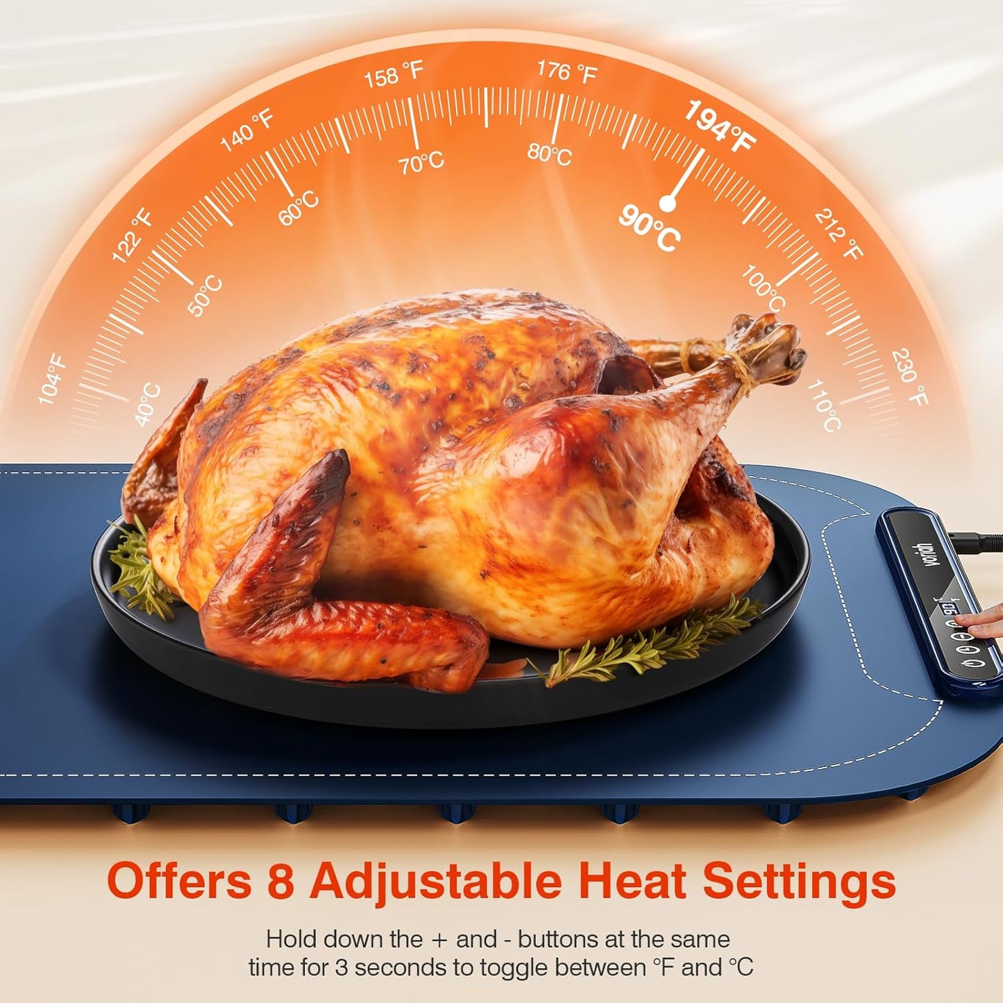 Warming Mat for Food, Voriah Electric Warming Tray with 99H Timer & 8 Temperature Settings, Foldable Food Warmer with °C/°F Switch, Keeps Food Warm at Buffets, Sabbath, Family Gatherings（Dark Blue）